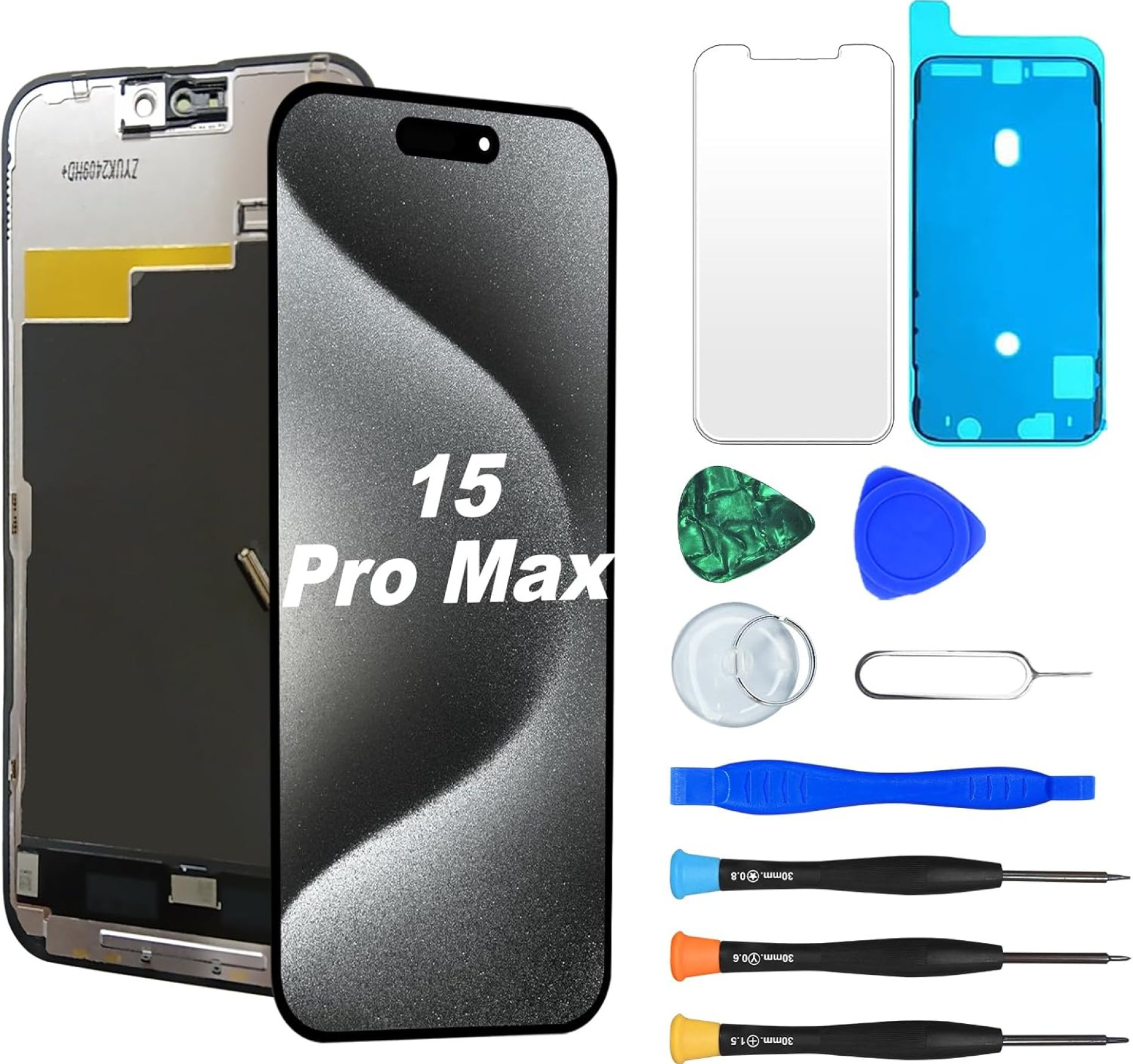 Screen Replacement for iPhone 15 Pro Max 6.7″ LCD Retina FHD Display COF Touch Screen Digitizer with Repair Tool Kits, Waterproof Tape, Screen Protector Screen Replacement for iPhone 15 Pro Max 6.7″ LCD Retina FHD Display COF Touch Screen Digitizer with Repair Tool Kits, Waterproof Tape, Screen Protector