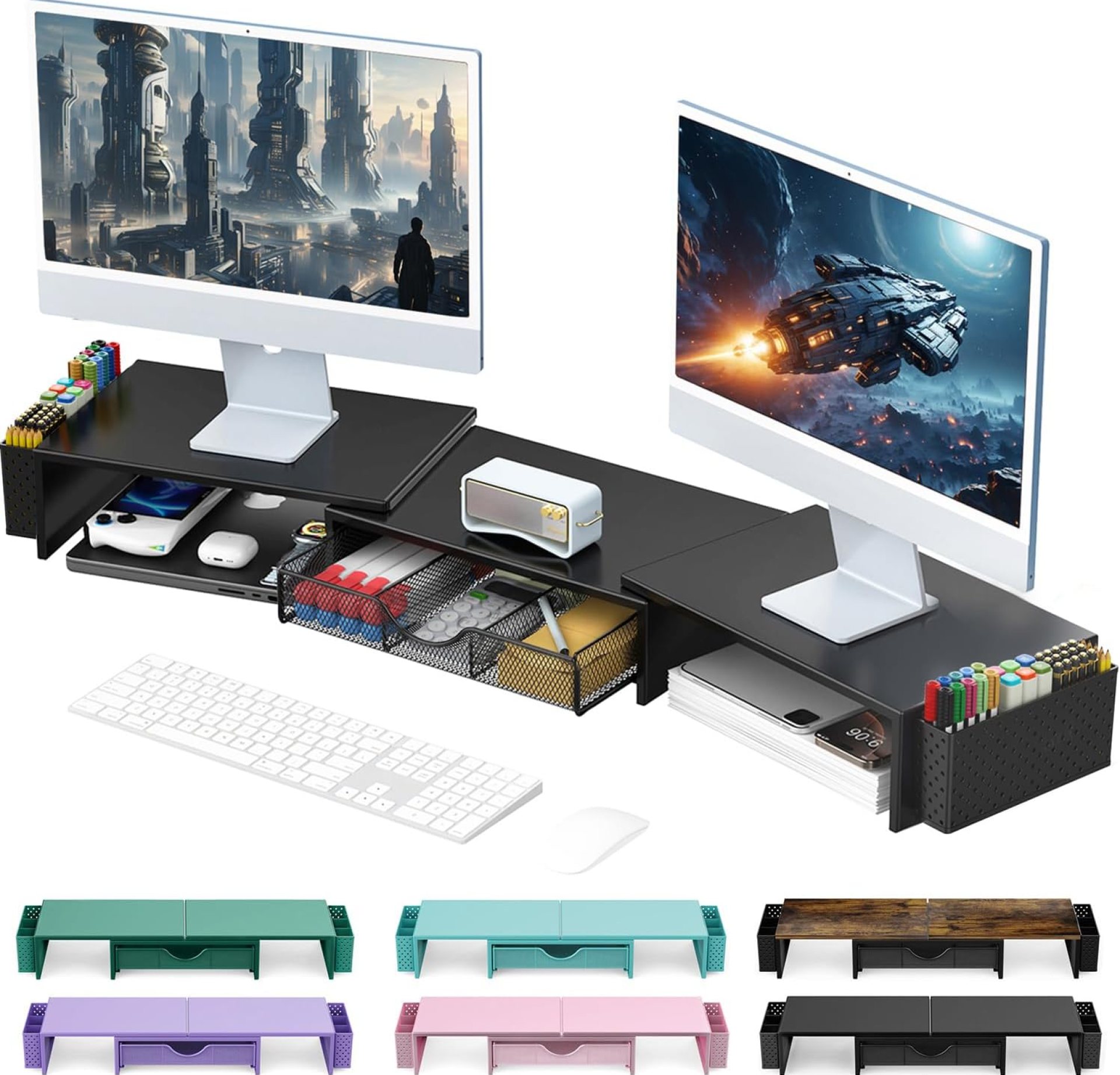 gianotter Dual Monitor Stand Riser, Desk Organizer With Drawer and 2 Pen Holders, Computer Monitor Stand, Desk Shelf for Top of Desk, Balck gianotter Dual Monitor Stand Riser, Desk Organizer With Drawer and 2 Pen Holders, Computer Monitor Stand, Desk Shelf for Top of Desk, Balck