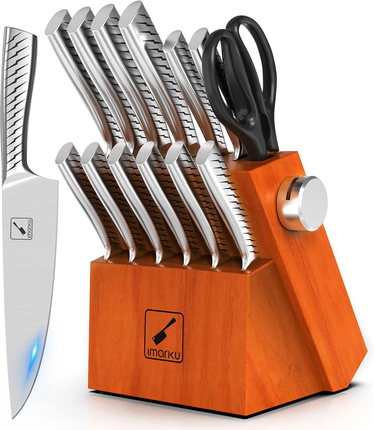 imarku Knife Set, 14PCS Knife Sets for kitchen with block, One-Piece Kitchen Knife Set with Built-in Sharpener, Stainless Steel Chef Knife Set with Lightning Stripes Handle, Dishwasher Safe(Wood) imarku Knife Set, 14PCS Knife Sets for kitchen with block, One-Piece Kitchen Knife Set with Built-in Sharpener, Stainless Steel Chef Knife Set with Lightning Stripes Handle, Dishwasher Safe(Wood)