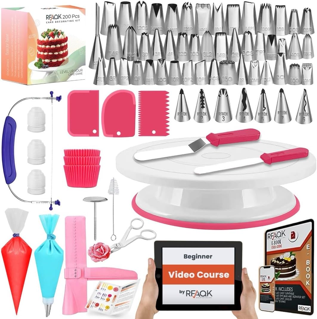 RFAQK 200PCs Cake Decorating Kit for Beginners with Turntable for Decoration – Piping Bags and Tips Set (110+55), Straight & Offset Spatula, Leveler, Video Course, Pattern Chart & More Baking Supplies RFAQK 200PCs Cake Decorating Kit for Beginners with Turntable for Decoration – Piping Bags and Tips Set (110+55), Straight & Offset Spatula, Leveler, Video Course, Pattern Chart & More Baking Supplies
