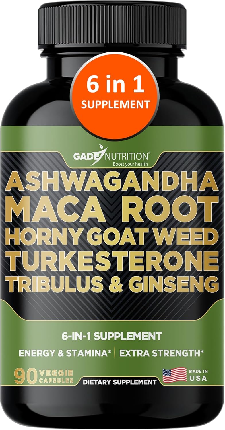 Gade Nutrition Ashwagandha with Maca Root, Horny Goat Weed, Turkesterone Supplement, Tribulus Terrestris, Panax Ginseng | 90 Vegetable Capsules for Energy, Stamina, Performance. | Made in USA Gade Nutrition Ashwagandha with Maca Root, Horny Goat Weed, Turkesterone Supplement, Tribulus Terrestris, Panax Ginseng | 90 Vegetable Capsules for Energy, Stamina, Performance. | Made in USA