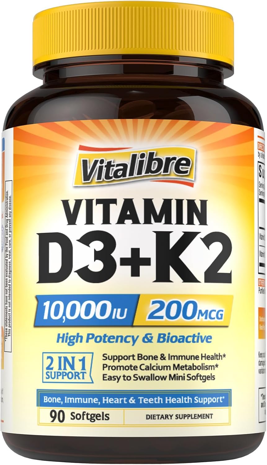 Vitamin D3 K2 Supplement, 10000 IU D3 / 200 mcg K2 MK7, Calcium Absorption, Bone, Heart, Immune & Mood Support, Enhanced Absorption, No Soy, Easy to Swallow, 90 Softgels Vitamin D3 K2 Supplement, 10000 IU D3 / 200 mcg K2 MK7, Calcium Absorption, Bone, Heart, Immune & Mood Support, Enhanced Absorption, No Soy, Easy to Swallow, 90 Softgels