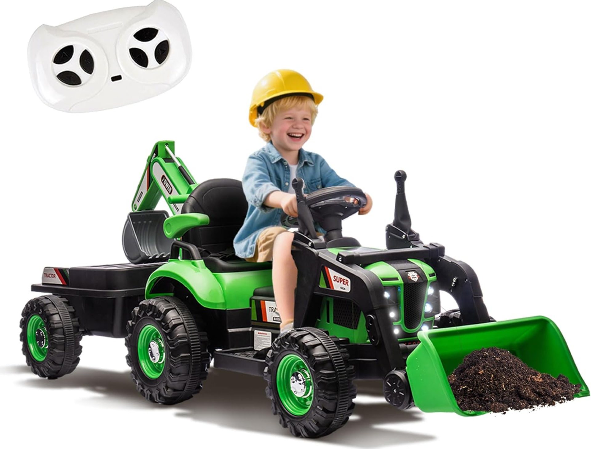 24V Ride on Excavator with 4-in-1 Construction Attachments (Excavator, Dump Truck & Bulldozer), Ride on Tractor w/Remote Control, Swivel Seat, Power Wheels Kids Electric Vehicles (Green) 24V Ride on Excavator with 4-in-1 Construction Attachments (Excavator, Dump Truck & Bulldozer), Ride on Tractor w/Remote Control, Swivel Seat, Power Wheels Kids Electric Vehicles (Green)