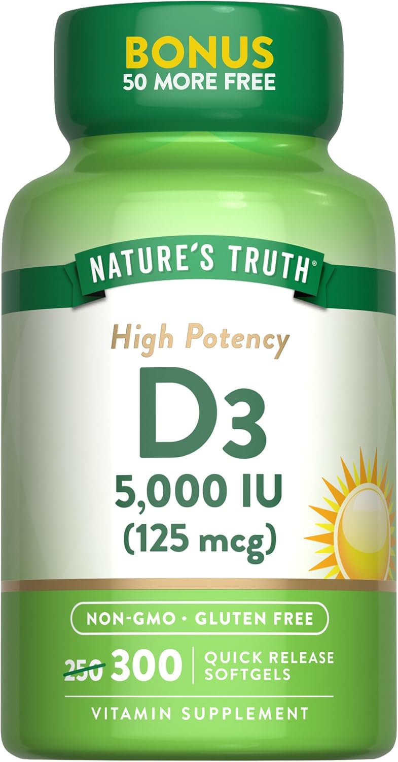 Nature’s Truth Vitamin D3 5000 IU (125 mcg) | 300 Softgels | High Potency Vitamin D | Non-GMO and Gluten Free Supplement Nature’s Truth Vitamin D3 5000 IU (125 mcg) | 300 Softgels | High Potency Vitamin D | Non-GMO and Gluten Free Supplement
