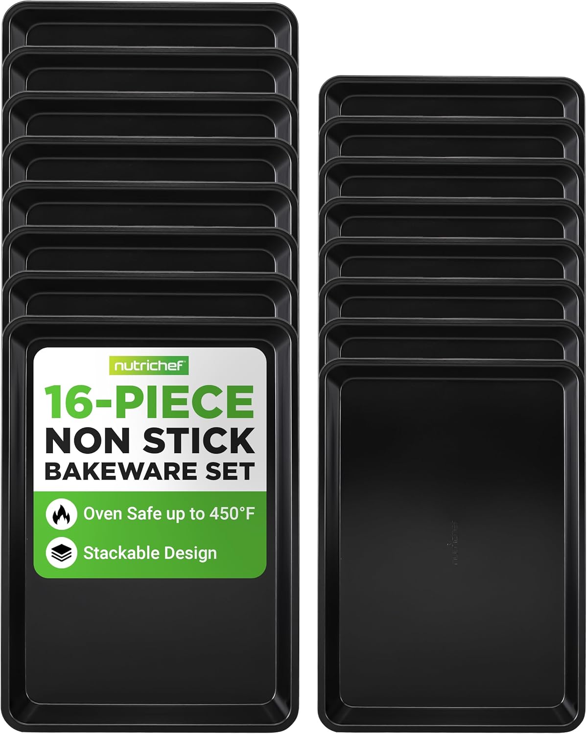 NutriChef 16-Piece Baking Pan Set, Non-Stick Cookie Sheet Bakeware, Durable Food-Grade Metal, Easy-to-Clean Oven Trays, Dishwasher Safe, Includes 8 Large (15.7″) & 8 Medium Pans (13.4″), Black NutriChef 16-Piece Baking Pan Set, Non-Stick Cookie Sheet Bakeware, Durable Food-Grade Metal, Easy-to-Clean Oven Trays, Dishwasher Safe, Includes 8 Large (15.7″) & 8 Medium Pans (13.4″), Black