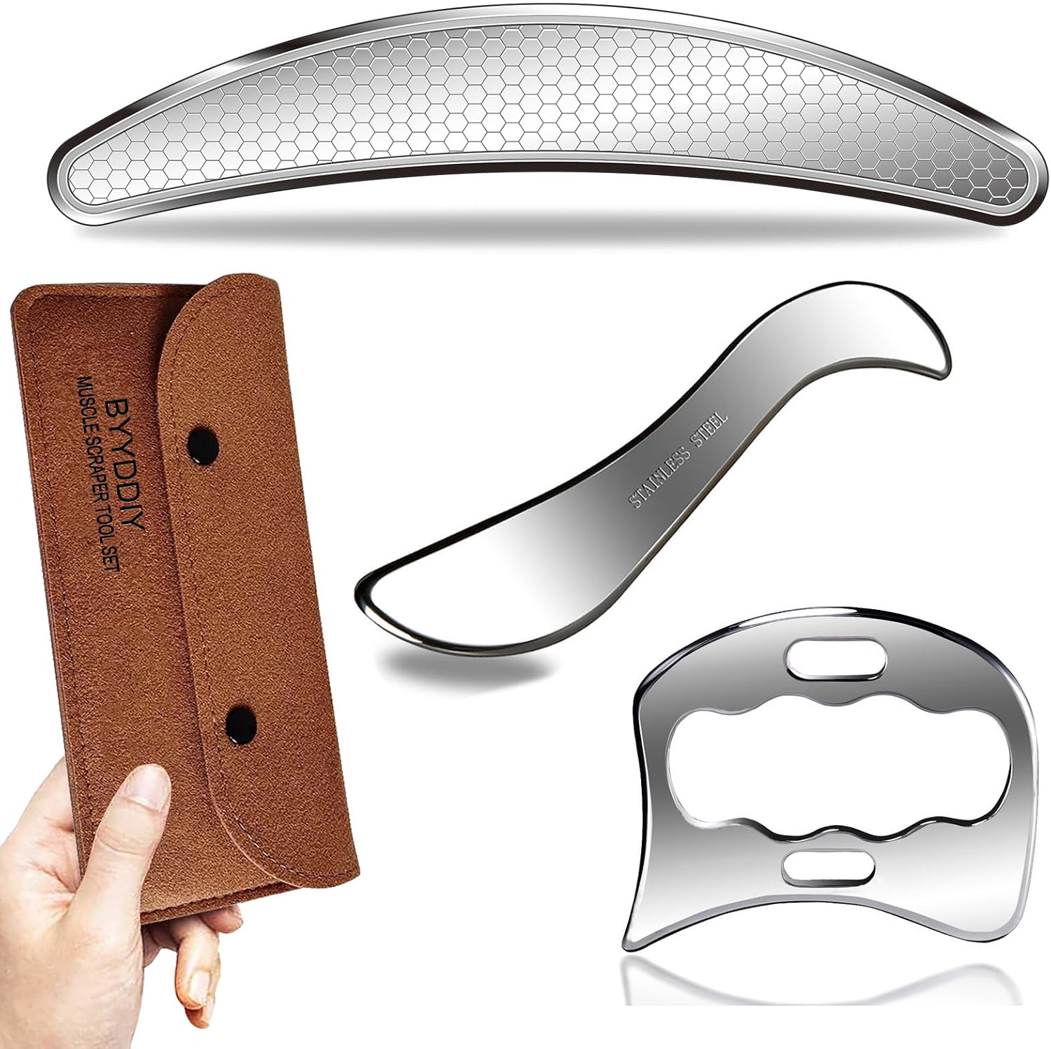BYYDDIY 3 in 1 Stainless Steel Muscle Scraper Tools Set,Scraping Massage Tools for Physical Therapy,Derma Edge & GuaSha Massage Scraper Tool,IASTM Tools,Guasha Tool for Body BYYDDIY 3 in 1 Stainless Steel Muscle Scraper Tools Set,Scraping Massage Tools for Physical Therapy,Derma Edge & GuaSha Massage Scraper Tool,IASTM Tools,Guasha Tool for Body