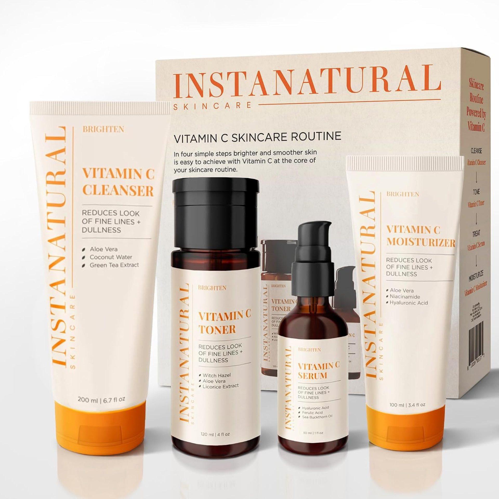 InstaNatural Vitamin C Four Step Skin Care Set, Skincare Routine, Brightens, Hydrates, Prevents Signs of Aging, Face Wash, Toner, Serum and Moisturizer, with Botanical Extracts InstaNatural Vitamin C Four Step Skin Care Set, Skincare Routine, Brightens, Hydrates, Prevents Signs of Aging, Face Wash, Toner, Serum and Moisturizer, with Botanical Extracts