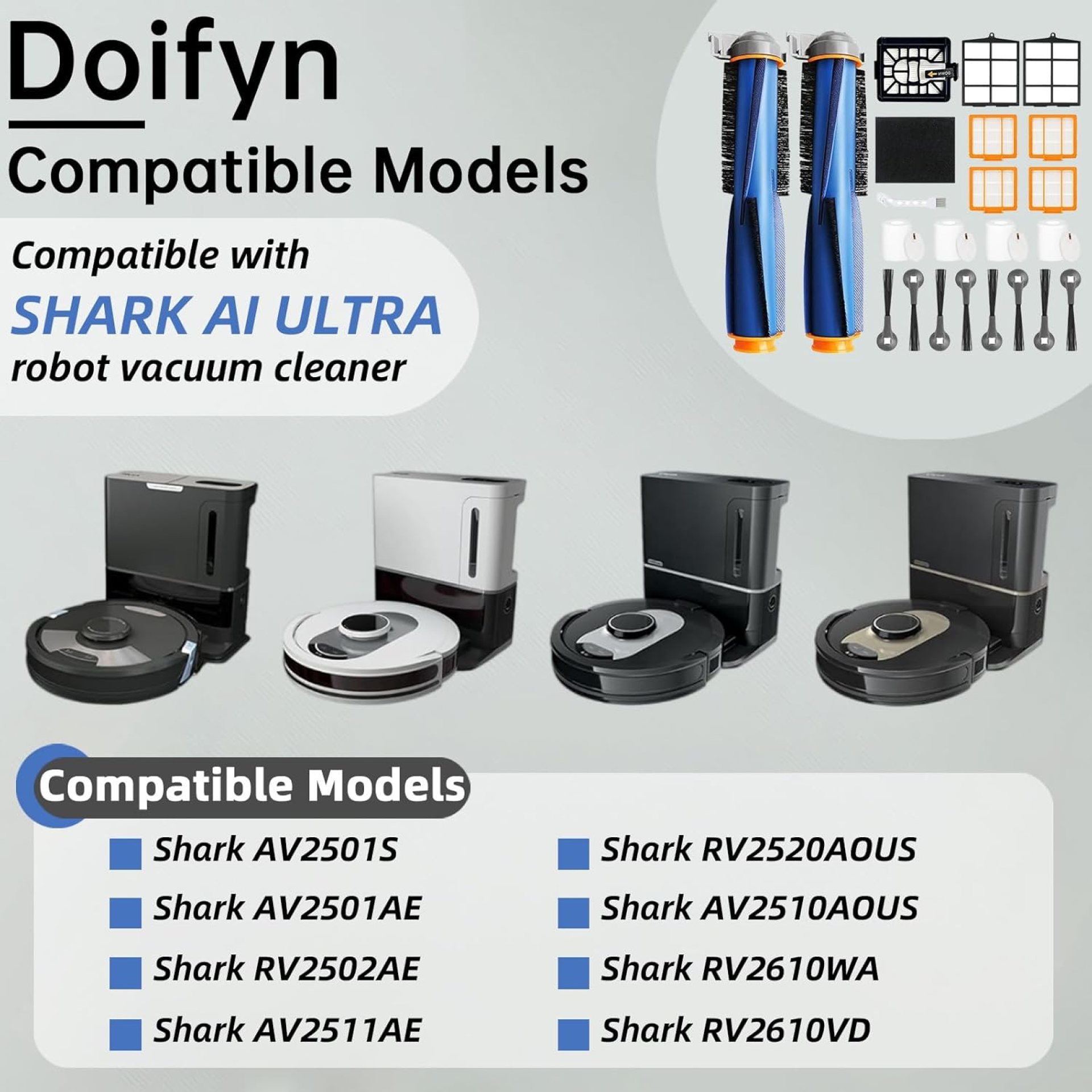 Replacement Parts Compatible with Shark AI AV2501S AV2511AE AV2501AE RV2502AE RV2610WA AV2510AOUS RV2520AOUS Robot Vacuum Cleaner, 2Main Brush, 4 motor pre-filters, 4Foam Filters, 8Side Brushes Replacement Parts Compatible with Shark AI AV2501S AV2511AE AV2501AE RV2502AE RV2610WA AV2510AOUS RV2520AOUS Robot Vacuum Cleaner, 2Main Brush, 4 motor pre-filters, 4Foam Filters, 8Side Brushes