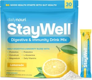 Daily Nouri StayWell Digestive & Immunity Drink Mix | Probiotics, Prebiotics, Colostrum, L-Glutamine, Magnesium, Manganese, Zinc, Vitamins for Gut Health, Digestion & Immune Support | 30 Stick Packs