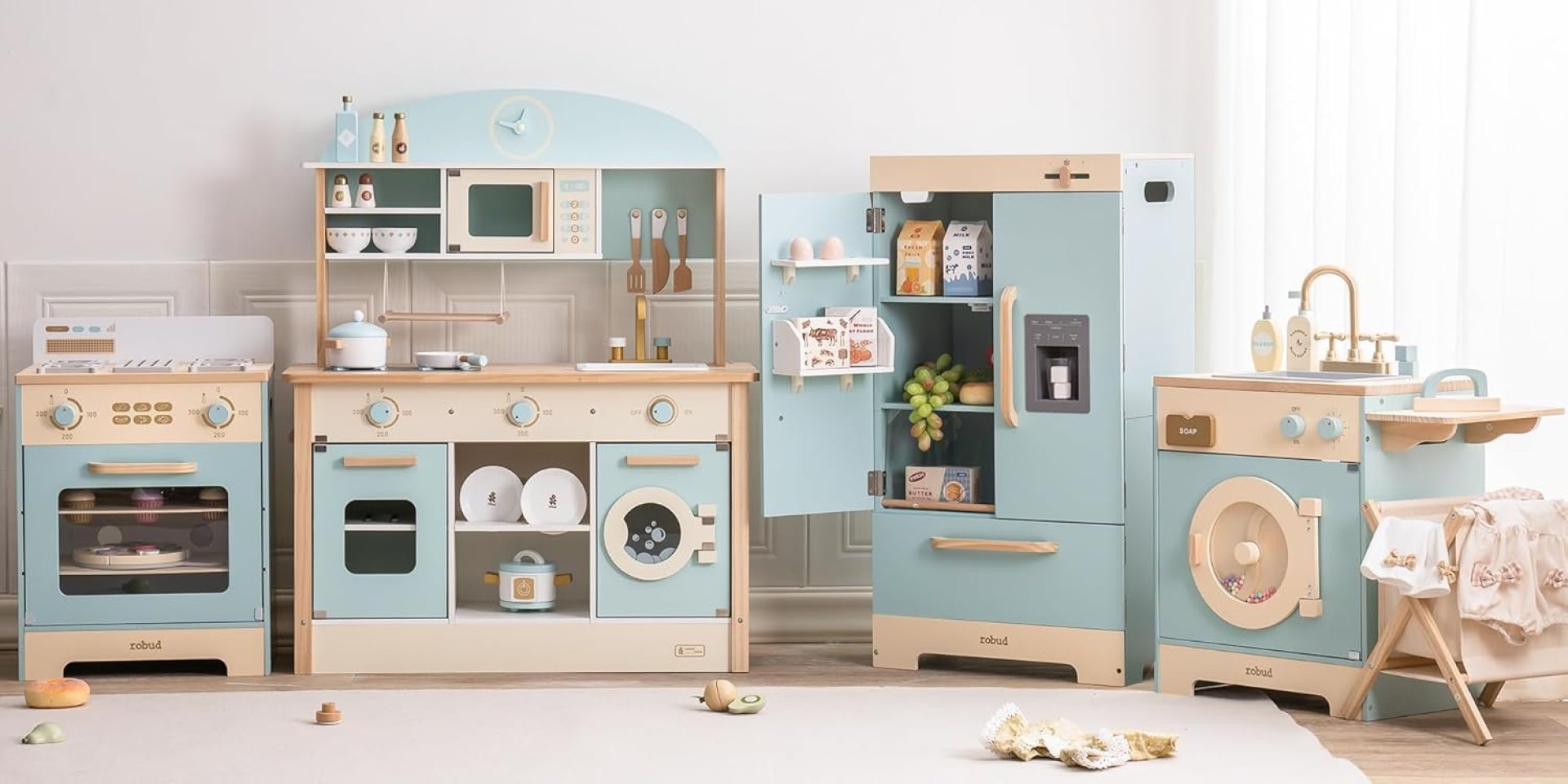 ROBUD Wooden Play Kitchen Set, Kids Toy Kitchen Set with Realistic Design, Utensils, Ice Maker, Fridge, Oven, Washer, Modern Style Play Kitchen with Accessories, Ideal Gift for Boys & Girls, Blue ROBUD Wooden Play Kitchen Set, Kids Toy Kitchen Set with Realistic Design, Utensils, Ice Maker, Fridge, Oven, Washer, Modern Style Play Kitchen with Accessories, Ideal Gift for Boys & Girls, Blue