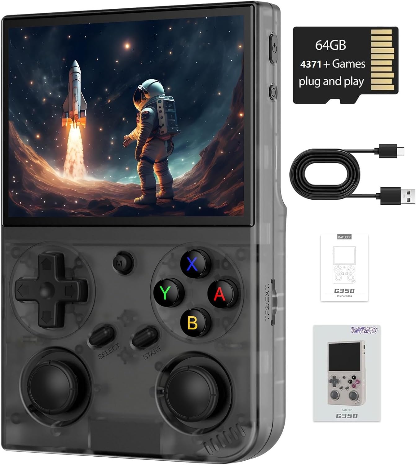 G350 Retro Handheld Game Console , 3.5 Inch IPS Screen Linux System Built-in 64G TF Card 4371 Games Preloaded Game Console 3200mAh Battery(Transparent Black) G350 Retro Handheld Game Console , 3.5 Inch IPS Screen Linux System Built-in 64G TF Card 4371 Games Preloaded Game Console 3200mAh Battery(Transparent Black)