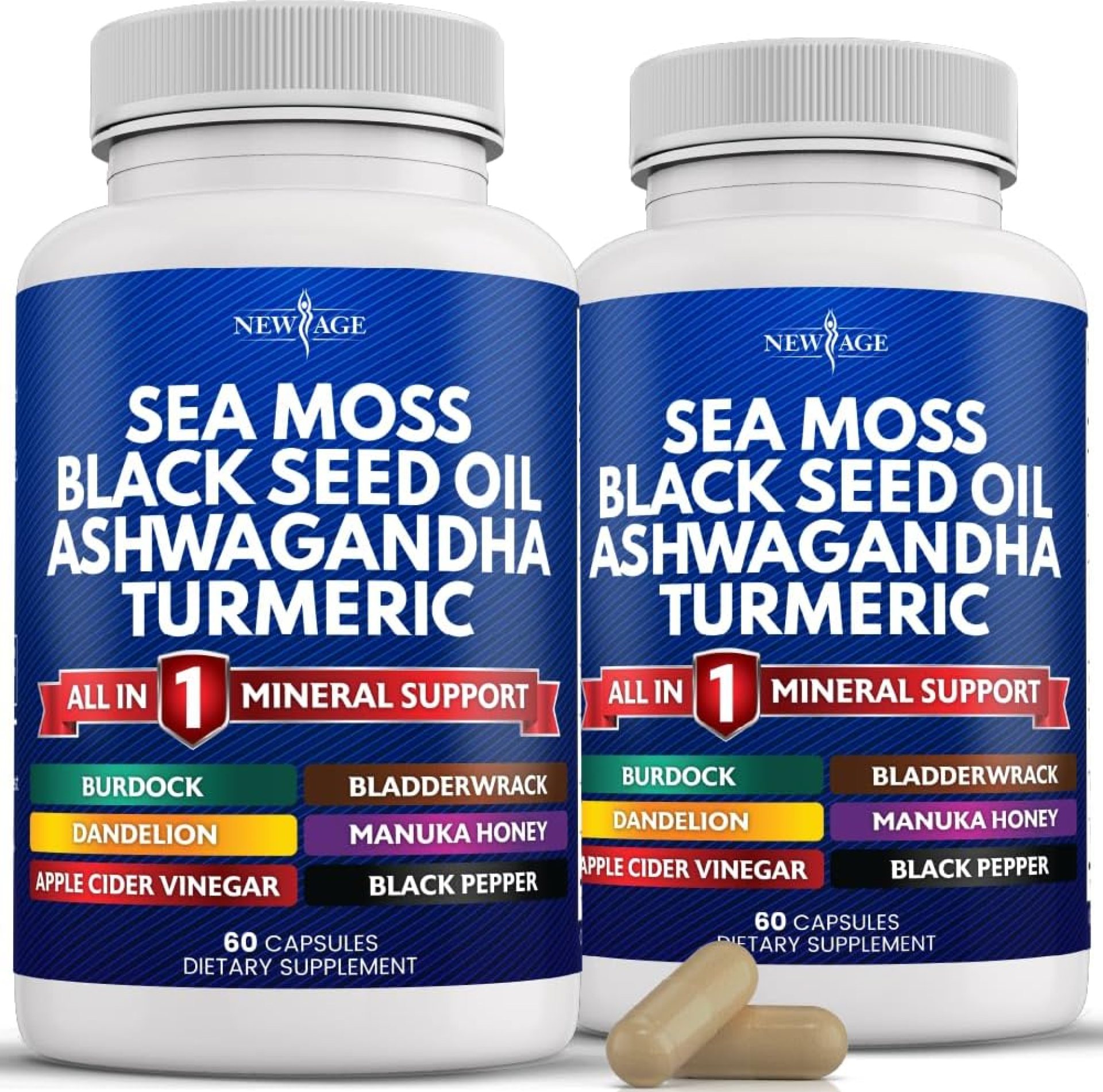 NEW AGE Sea Moss Capsules Black Seed Oil Ashwagandha Turmeric Bladderwrack Burdock – with Manuka, Honey Dandelion, ACV Black Pepper Gluten Free NEW AGE Sea Moss Capsules Black Seed Oil Ashwagandha Turmeric Bladderwrack Burdock – with Manuka, Honey Dandelion, ACV Black Pepper Gluten Free