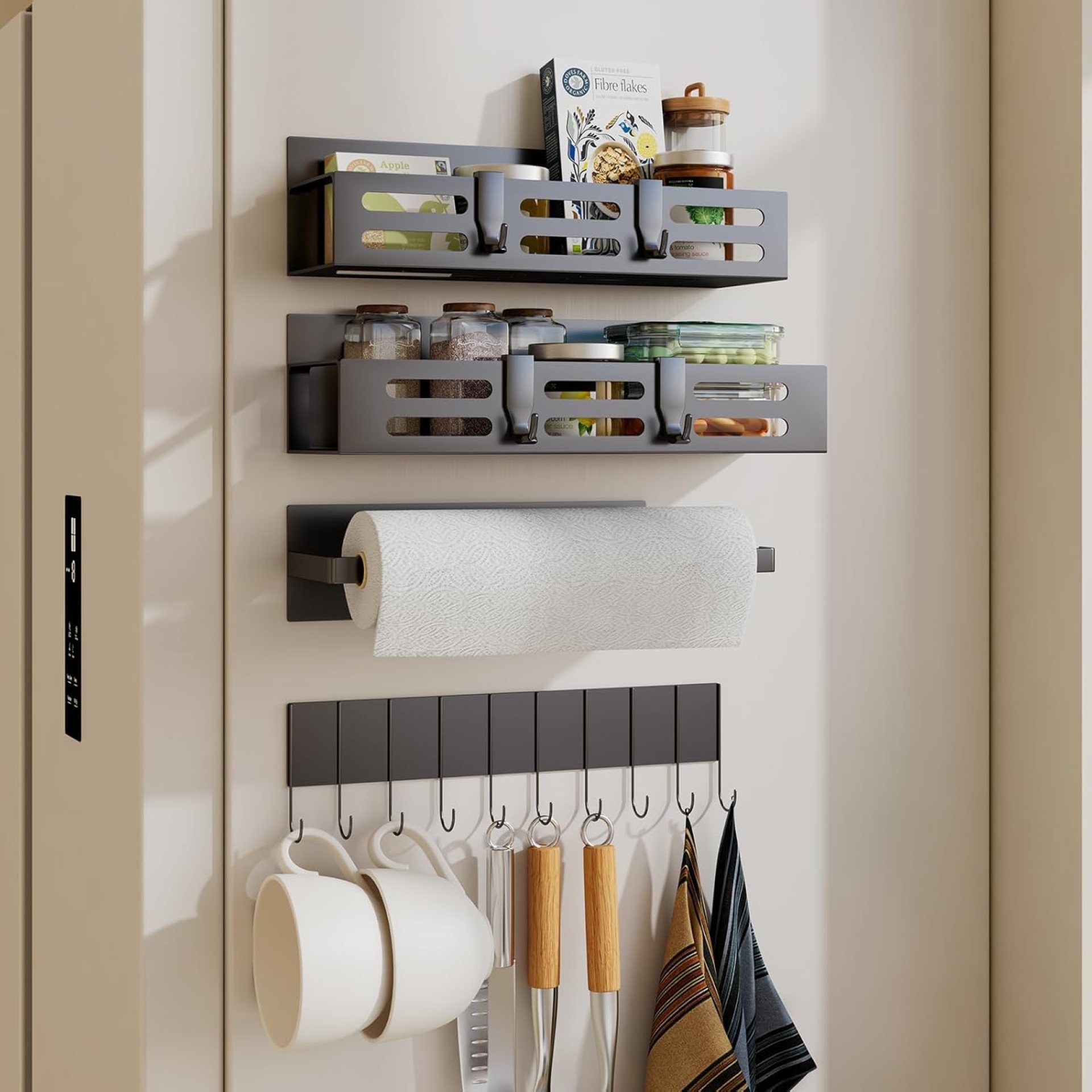 4 Pack Magnetic Spice Rack for Refrigerator with 4-Hook Rack and Paper Towel Holder, Black Magnetic Shelf and Fridge Kitchen Cabinet Organizers Storage Seasoning Organization Mini Shelves. 4 Pack Magnetic Spice Rack for Refrigerator with 4-Hook Rack and Paper Towel Holder, Black Magnetic Shelf and Fridge Kitchen Cabinet Organizers Storage Seasoning Organization Mini Shelves.