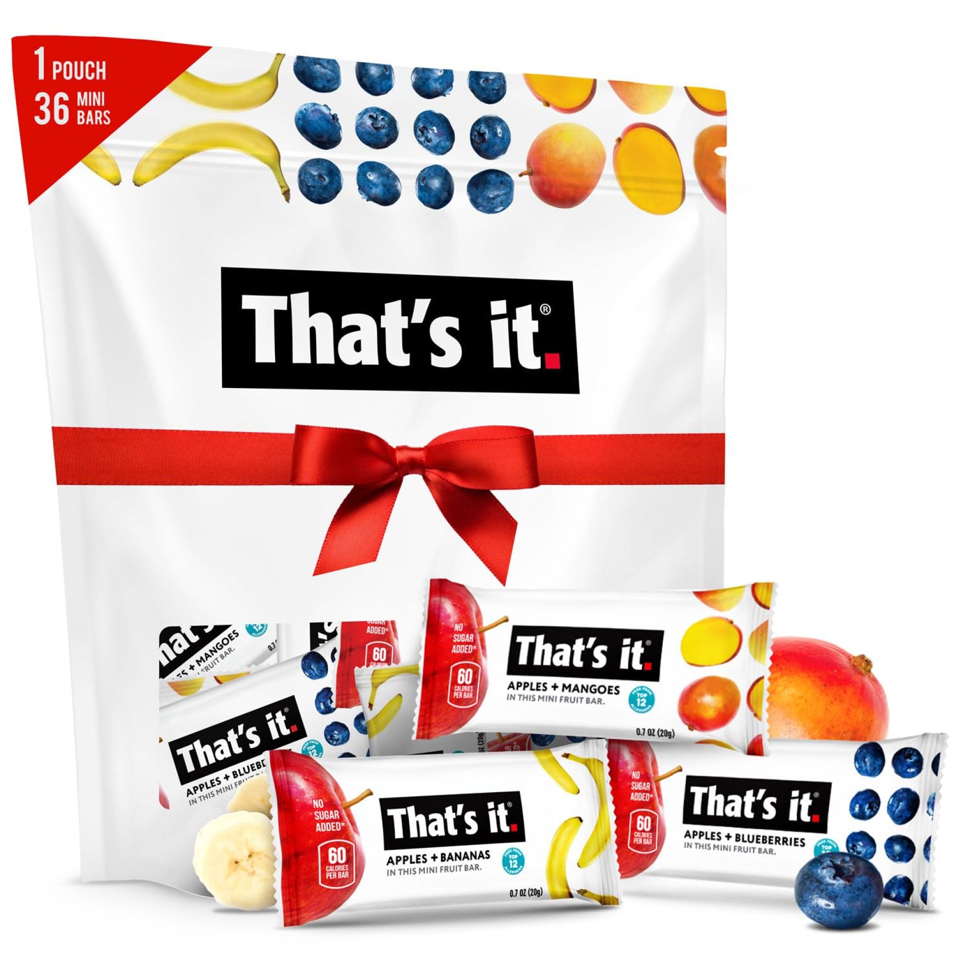 That’s it. Mini Fruit Bars Gift Pouch (Variety 36 Count) No Sugar Added, Plant-Based, Vegan & Gluten Free, Paleo, Non GMO, Fiber (12 Banana, 12 Blueberry, 12 Mango) That’s it. Mini Fruit Bars Gift Pouch (Variety 36 Count) No Sugar Added, Plant-Based, Vegan & Gluten Free, Paleo, Non GMO, Fiber (12 Banana, 12 Blueberry, 12 Mango)