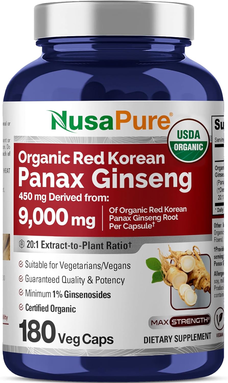 NusaPure Red Korean Panax Ginseng 20:1 Extract, 450 mg Equivalent to 9,000 mg 180 Veggie Caps (USDA Organic, Non-GMO, Vegan, Vegetarian, Bioperine) NusaPure Red Korean Panax Ginseng 20:1 Extract, 450 mg Equivalent to 9,000 mg 180 Veggie Caps (USDA Organic, Non-GMO, Vegan, Vegetarian, Bioperine)