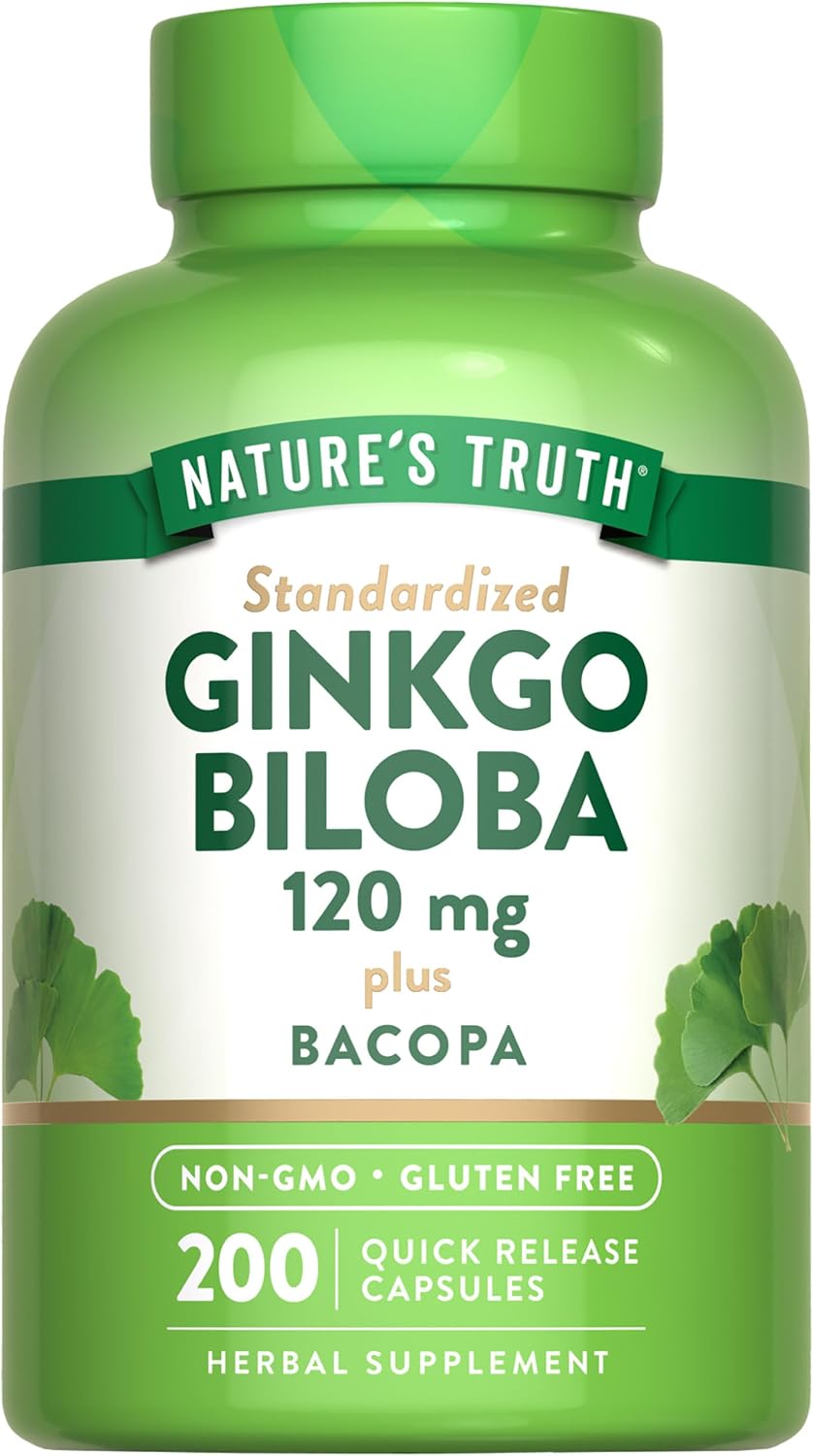 Nature’s Truth Ginkgo Biloba 120mg | Plus Bacopa | 200 Quick Release Capsules | Standardized Extract | Non-GMO and Gluten Free Supplement Nature’s Truth Ginkgo Biloba 120mg | Plus Bacopa | 200 Quick Release Capsules | Standardized Extract | Non-GMO and Gluten Free Supplement