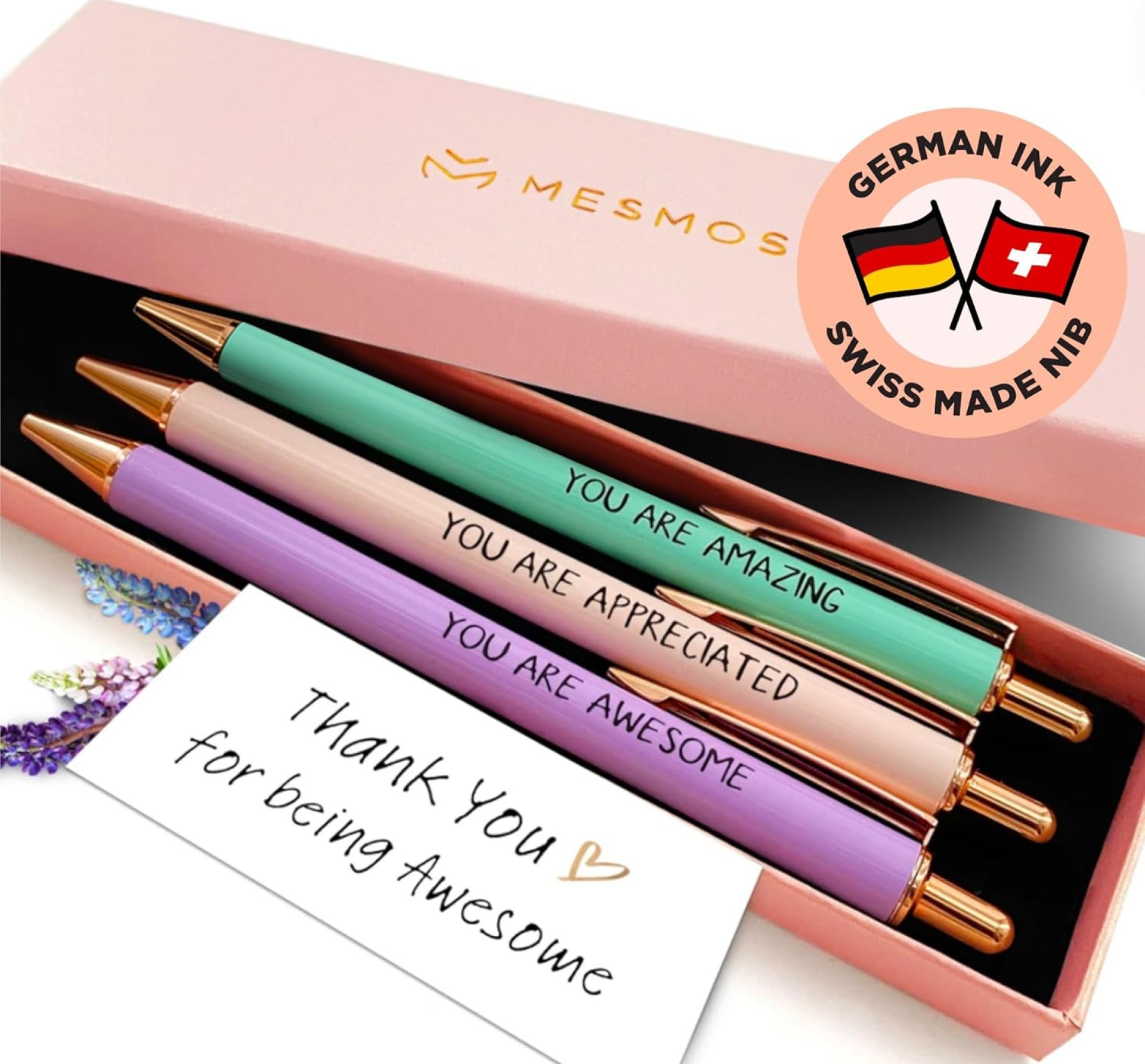 MESMOS 3pk Thank You Gifts for Women, German-Made Ink Fancy Pen Set for Women, Teacher Appreciation Gift, Nice Cute Pens, Boss Lady, Office Coworkers, Metal Ballpoint Pens MESMOS 3pk Thank You Gifts for Women, German-Made Ink Fancy Pen Set for Women, Teacher Appreciation Gift, Nice Cute Pens, Boss Lady, Office Coworkers, Metal Ballpoint Pens