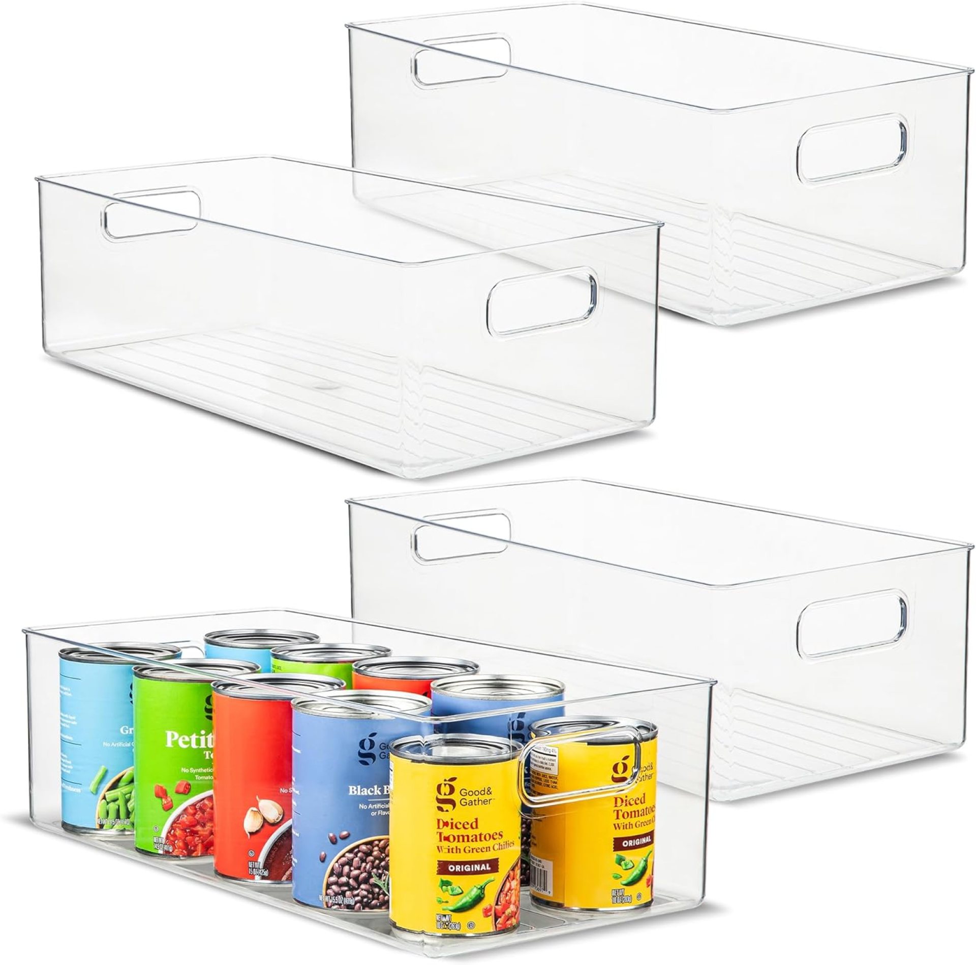 Plastic Food Storage 4 Pack Clear Container Bin with Handles for Organizing Kitchen, Pantry, Refrigerator, Freezer, Pantry, Cabinet, Closet, Bathroom. 16”x8”x5” Plastic Food Storage 4 Pack Clear Container Bin with Handles for Organizing Kitchen, Pantry, Refrigerator, Freezer, Pantry, Cabinet, Closet, Bathroom. 16”x8”x5”