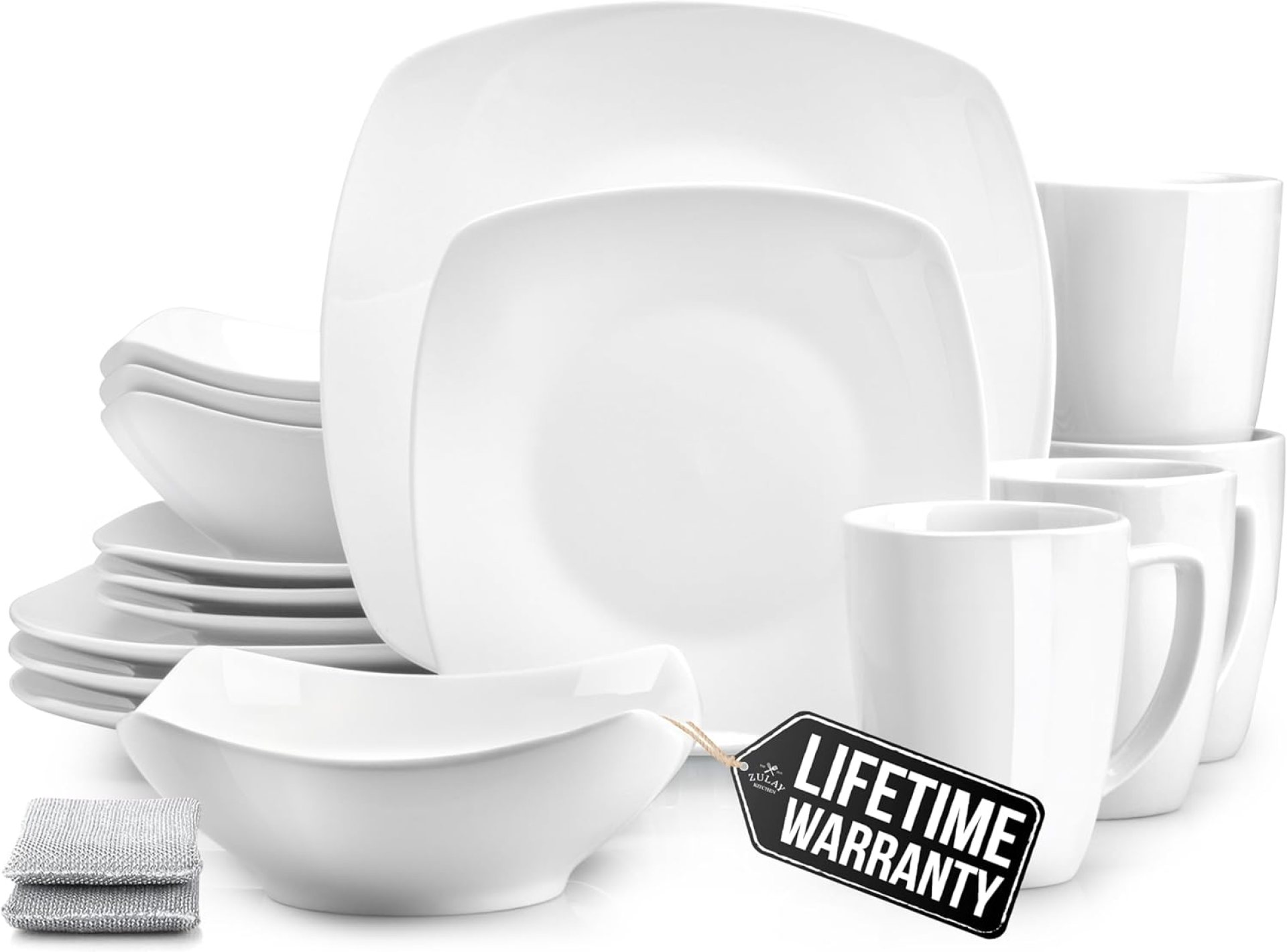 Zulay Kitchen Luna Plates and Bowls Sets, 16 Piece Modern Porcelain Dish Set for 4, Chip and Scratch Resistant Square Dinnerware Set, Microwave and Dishwasher Safe, Pearl White Zulay Kitchen Luna Plates and Bowls Sets, 16 Piece Modern Porcelain Dish Set for 4, Chip and Scratch Resistant Square Dinnerware Set, Microwave and Dishwasher Safe, Pearl White