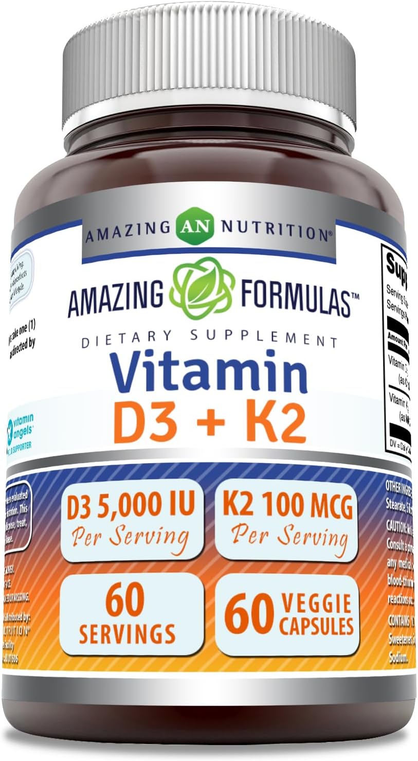 Amazing Formulas Vitamin D3 5000 IU with Vitamin K2 100 mcg | D3 + K2 Complex Supplement | Veggie Capsules | Non-GMO | Gluten Free | Made in USA (60 Count) Amazing Formulas Vitamin D3 5000 IU with Vitamin K2 100 mcg | D3 + K2 Complex Supplement | Veggie Capsules | Non-GMO | Gluten Free | Made in USA (60 Count)