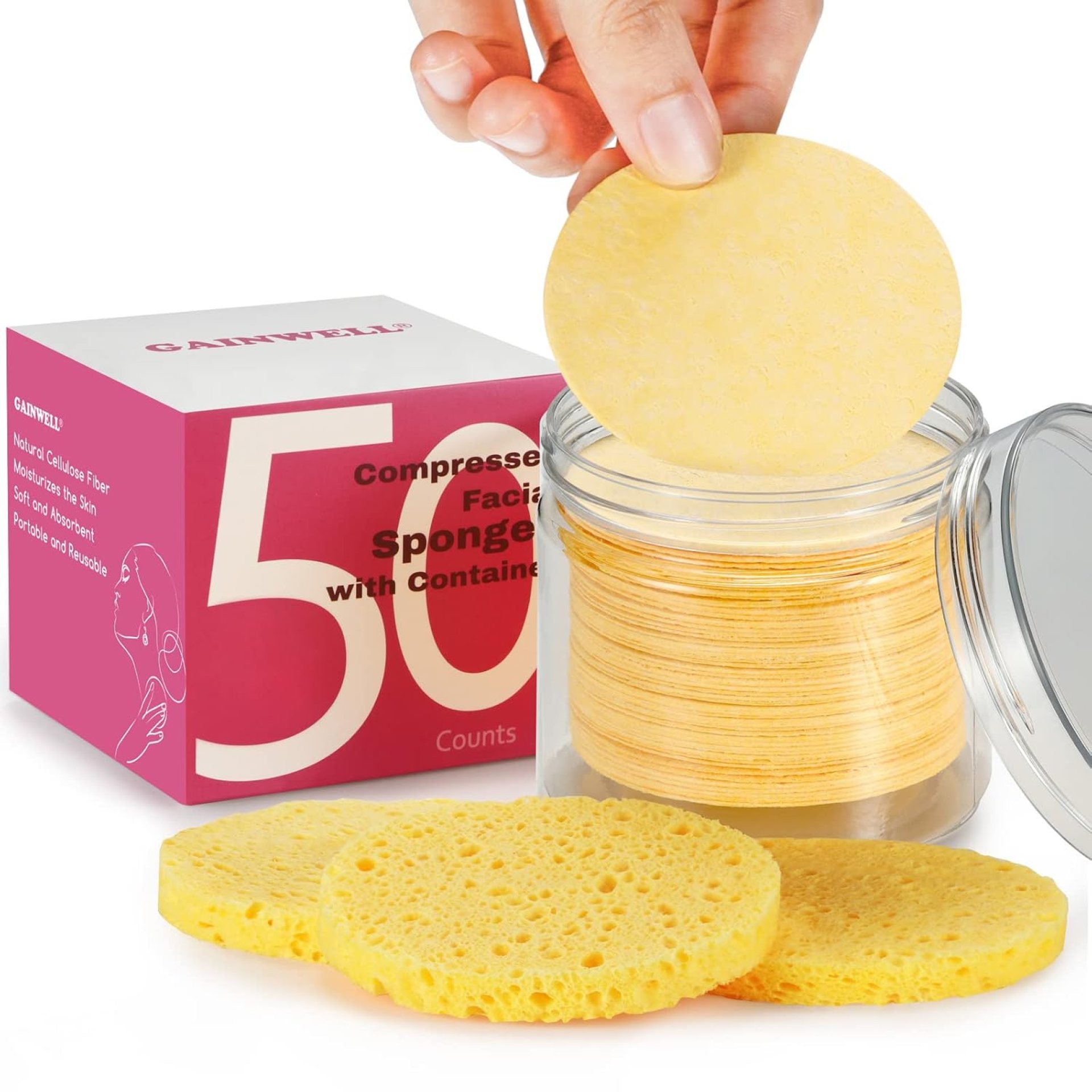 50-Count Compressed Facial Sponges with Storage Container, for Facial Cleansing, Reusable Makeup Remover, Portable, Suitable for Travel, Yellow 50-Count Compressed Facial Sponges with Storage Container, for Facial Cleansing, Reusable Makeup Remover, Portable, Suitable for Travel, Yellow