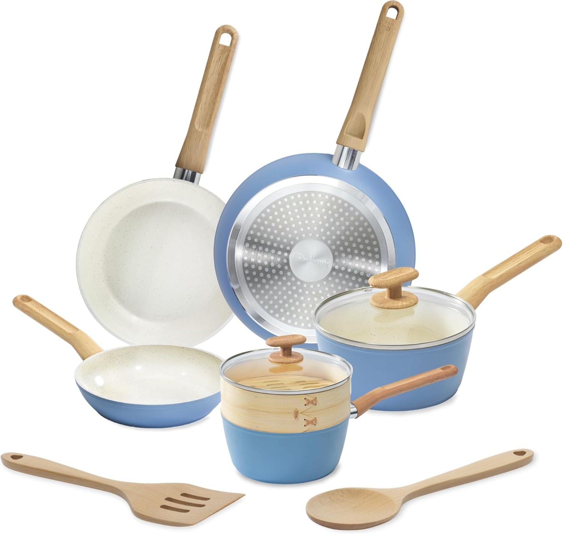 GoodCook 10-Piece Healthy Ceramic Titanium-Infused Cookware Set, Light Blue – Pots, Pans, Steamer, Spoon & Turner – Induction Cookware, Kitchen Pots & Pans Set, Nonstick Cooking Pan Set GoodCook 10-Piece Healthy Ceramic Titanium-Infused Cookware Set, Light Blue – Pots, Pans, Steamer, Spoon & Turner – Induction Cookware, Kitchen Pots & Pans Set, Nonstick Cooking Pan Set