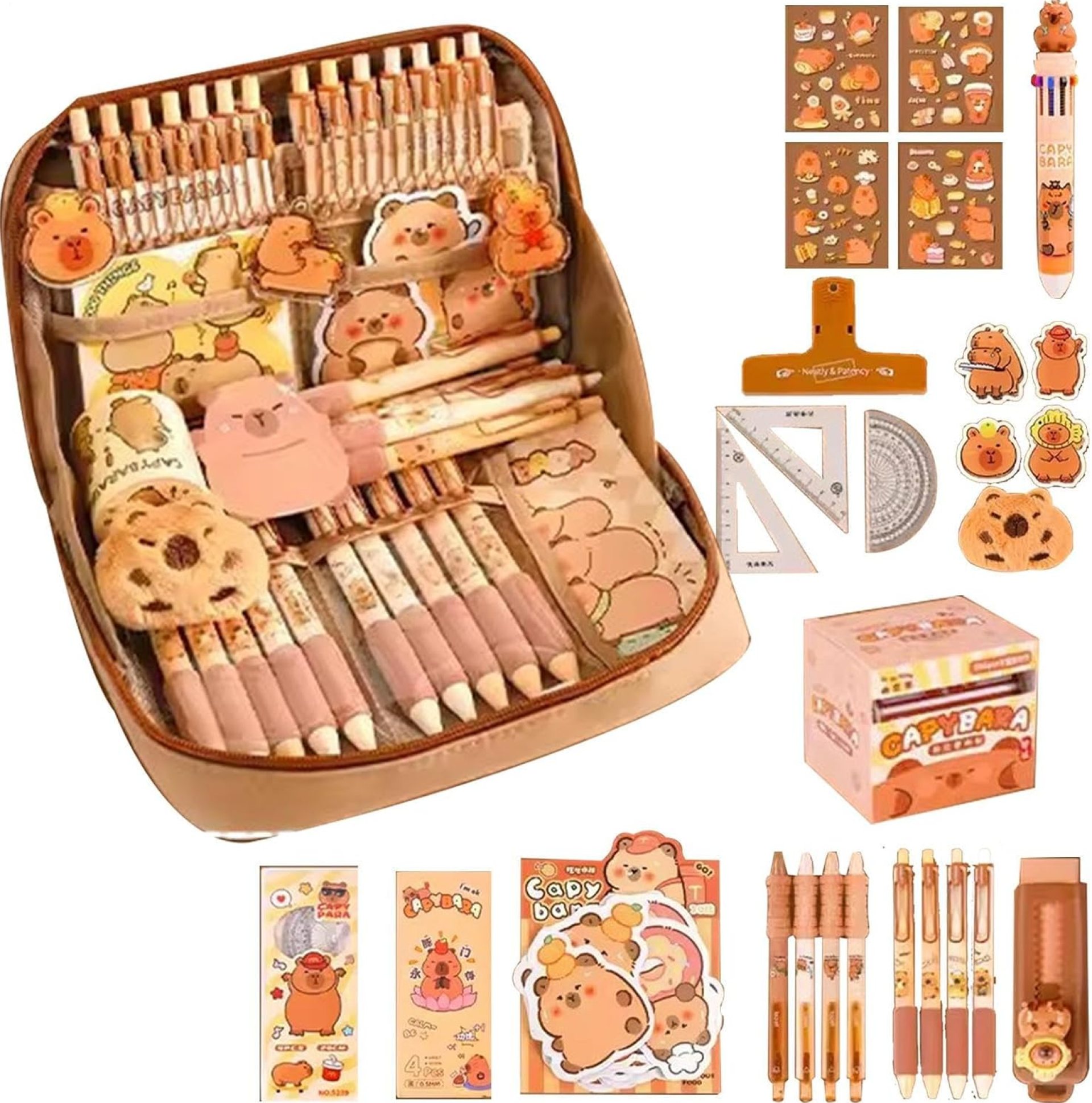 Cute Capybara Pencil Case With All Things | Capybara Stationery Set | Cute Pencil Case With Pens, Clips, Rulers And More | Capybara School Supplies | Wide Opening Pencil Organizer For Students Cute Capybara Pencil Case With All Things | Capybara Stationery Set | Cute Pencil Case With Pens, Clips, Rulers And More | Capybara School Supplies | Wide Opening Pencil Organizer For Students