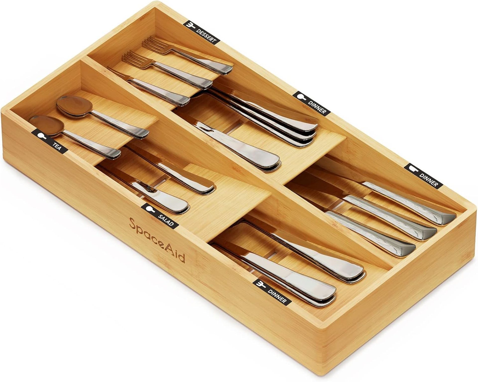 SpaceAid Bamboo Silverware Drawer Organizer with Labels, Kitchen Utensil Tray Holder Organizer for Flatware, Cutlery, Spoon and Knives Drawer Storage Organization (Natural, 6 Slots) SpaceAid Bamboo Silverware Drawer Organizer with Labels, Kitchen Utensil Tray Holder Organizer for Flatware, Cutlery, Spoon and Knives Drawer Storage Organization (Natural, 6 Slots)