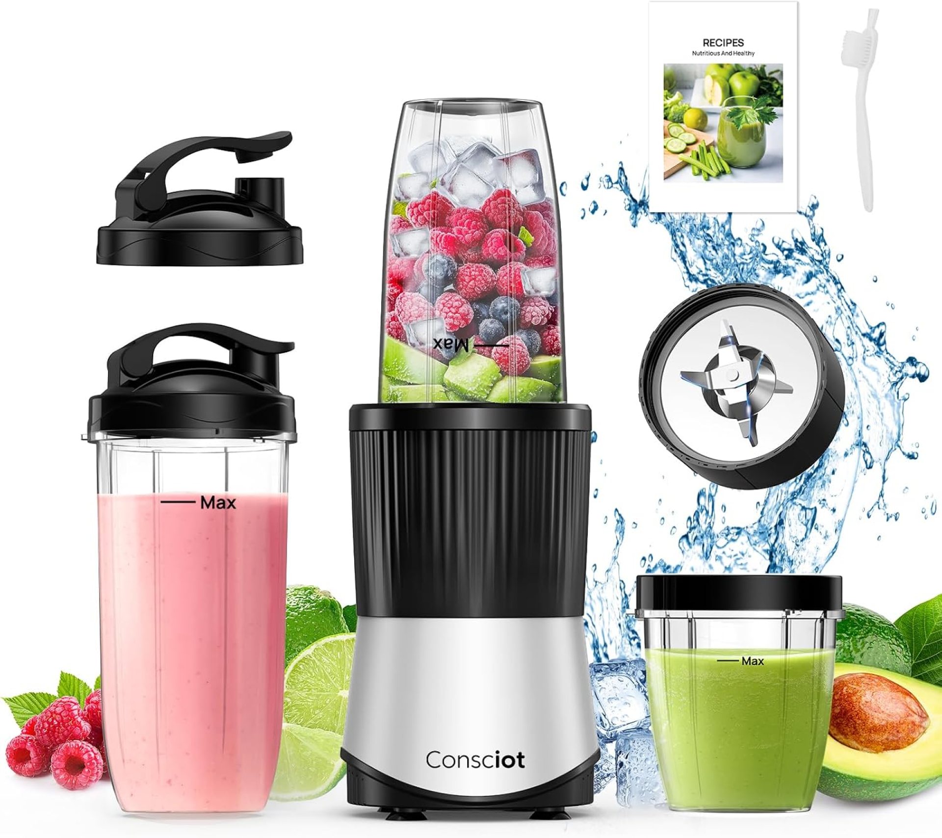 Consciot CB08 11-Piece Blender for Kitchen and Personal Size, Blend Shakes and Smoothies, Frozen Drinks, Baby Food, Spreads & More, 3 Portable To-Go Cups & 2 Spout Lids & 1 Solid Lid, 900 Peak Watts Consciot CB08 11-Piece Blender for Kitchen and Personal Size, Blend Shakes and Smoothies, Frozen Drinks, Baby Food, Spreads & More, 3 Portable To-Go Cups & 2 Spout Lids & 1 Solid Lid, 900 Peak Watts