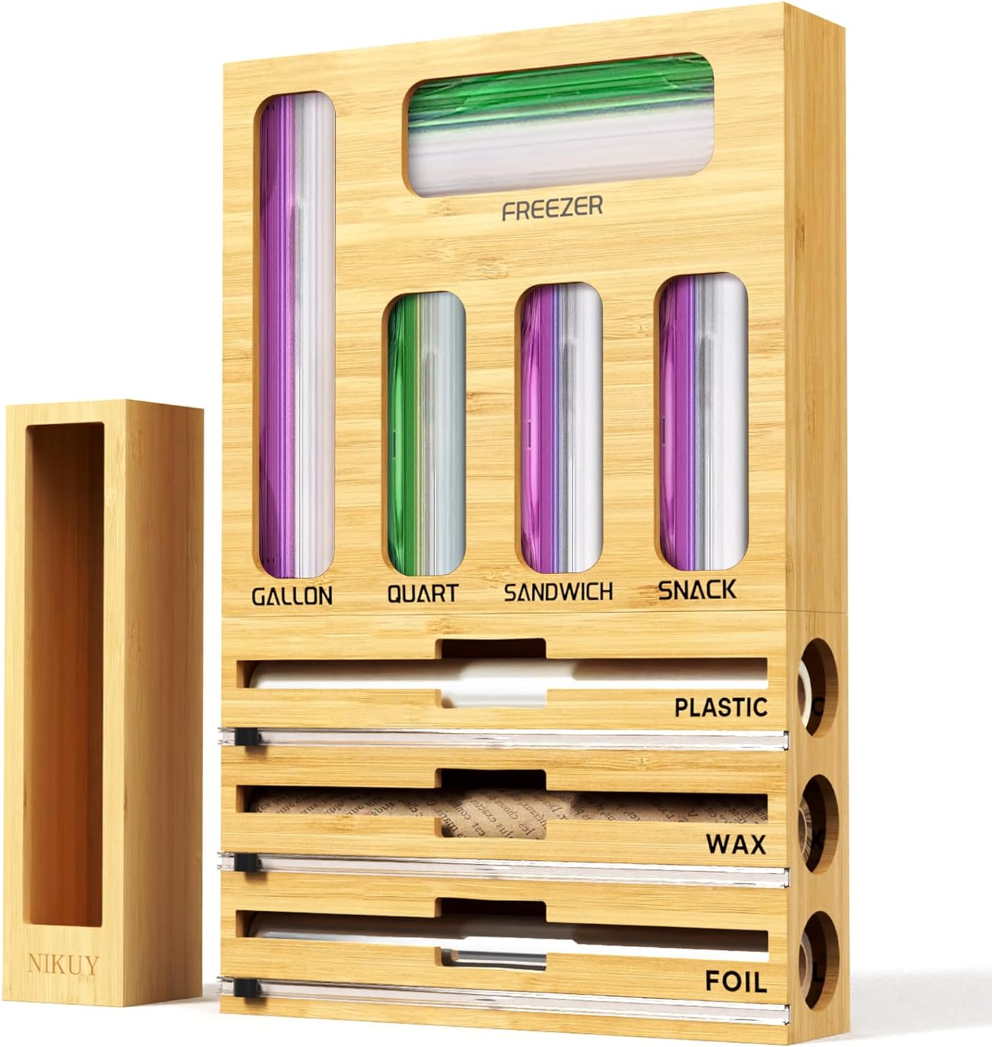 9 IN 1 Bamboo Foil and Plastic Wrap Organizer for Kitchen Drawer, Plastic Bag Organizer Organization and Storage, Food Storage Bag Organizer with Labels for Quart Gallon Snack Sandwich Bag 9 IN 1 Bamboo Foil and Plastic Wrap Organizer for Kitchen Drawer, Plastic Bag Organizer Organization and Storage, Food Storage Bag Organizer with Labels for Quart Gallon Snack Sandwich Bag
