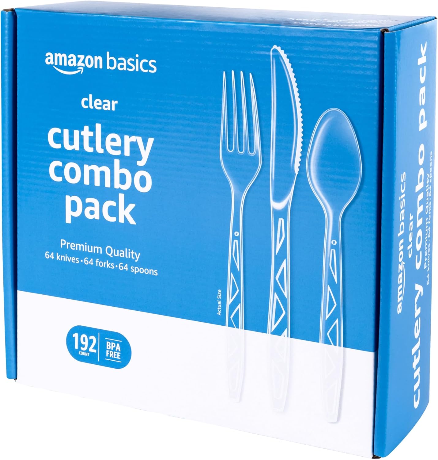 Amazon Basics Disposable Clear Assorted Cutlery Set, Premium Quality, 192 Count, Large Combo Pack Forks, Spoon and Knives Amazon Basics Disposable Clear Assorted Cutlery Set, Premium Quality, 192 Count, Large Combo Pack Forks, Spoon and Knives