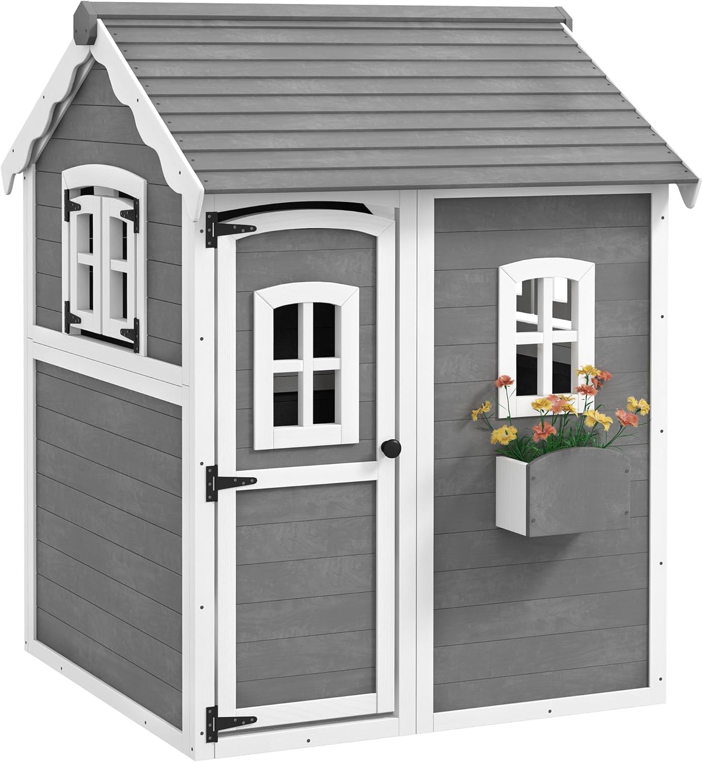 Outsunny Playhouse for Kids, Outdoor Wooden Playhouse with Floor, Door, Windows & Planter Box for 3-8 Year Olds, Backyard, Lawn, Garden, Gray Outsunny Playhouse for Kids, Outdoor Wooden Playhouse with Floor, Door, Windows & Planter Box for 3-8 Year Olds, Backyard, Lawn, Garden, Gray