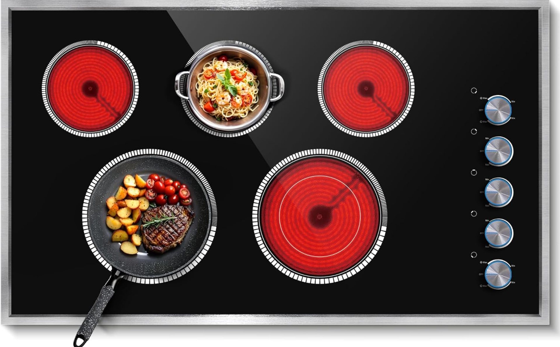 36 Inch Electric Cooktop, 5 Burner Electric Stove Top 8400W, 36″ Ceramic Stove with Knob Control, Over-Temperature Protection, Dual Ring Zone, 220-240V Hard Wired (No Plug) 36 Inch Electric Cooktop, 5 Burner Electric Stove Top 8400W, 36″ Ceramic Stove with Knob Control, Over-Temperature Protection, Dual Ring Zone, 220-240V Hard Wired (No Plug)