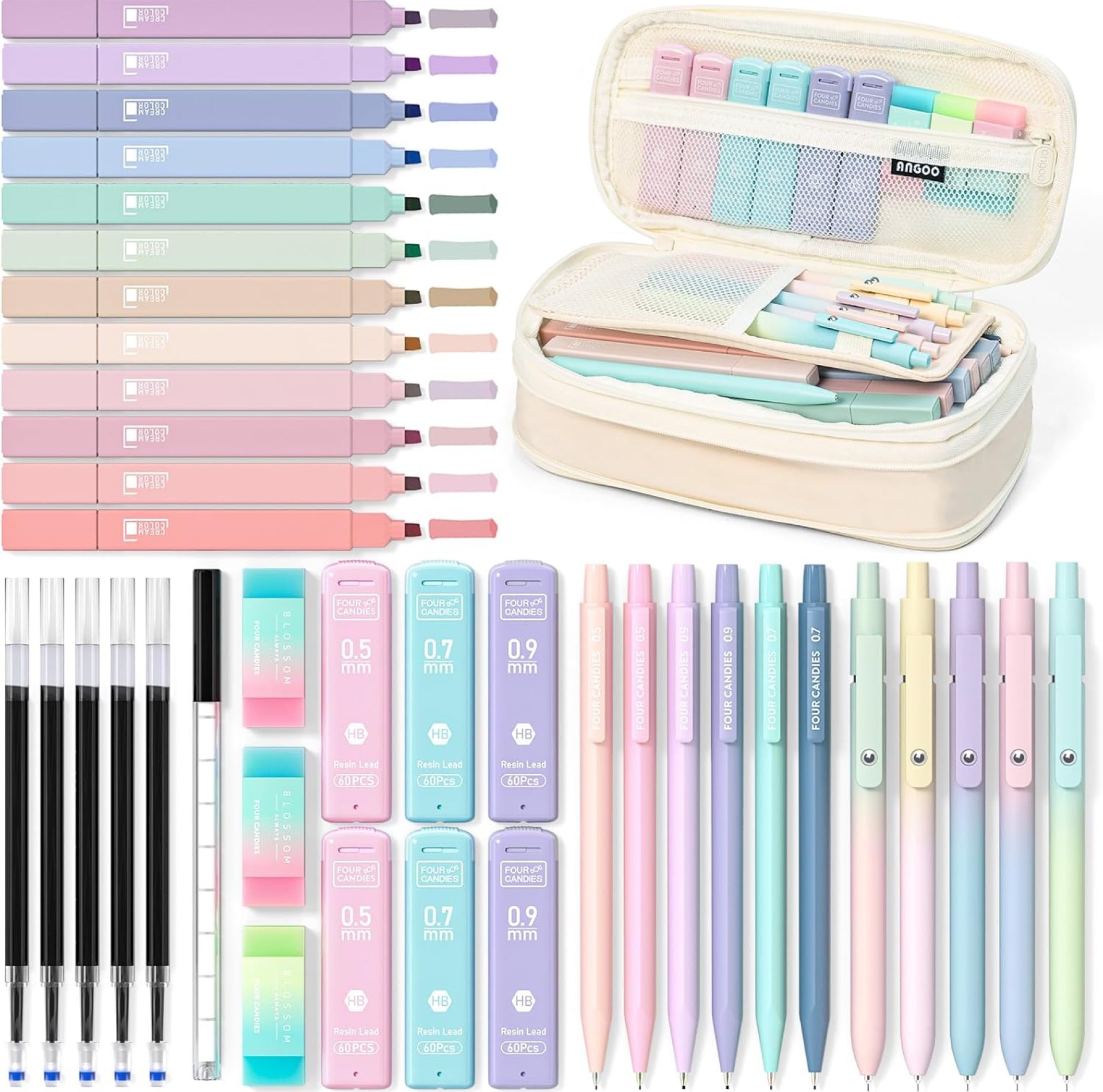 Four Candies 39 PCS Cute School Supplies with Pen Case for Girls – 5 Black Ink Gel Pens, 12 Pastel Highlighters, 6 Aesthetic Mechanical Pencils Set for Stationary College Essentials (Cream) Four Candies 39 PCS Cute School Supplies with Pen Case for Girls – 5 Black Ink Gel Pens, 12 Pastel Highlighters, 6 Aesthetic Mechanical Pencils Set for Stationary College Essentials (Cream)