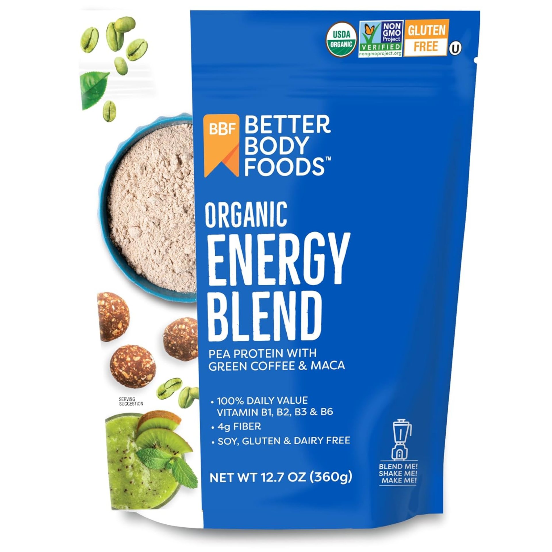 BetterBody Foods Organic Energy Blend, Plant-Based Protein Blend made with Naturally Energizing Green Coffee Extract and Maca, Gluten-free, Non-GMO, 12.7 Ounces BetterBody Foods Organic Energy Blend, Plant-Based Protein Blend made with Naturally Energizing Green Coffee Extract and Maca, Gluten-free, Non-GMO, 12.7 Ounces