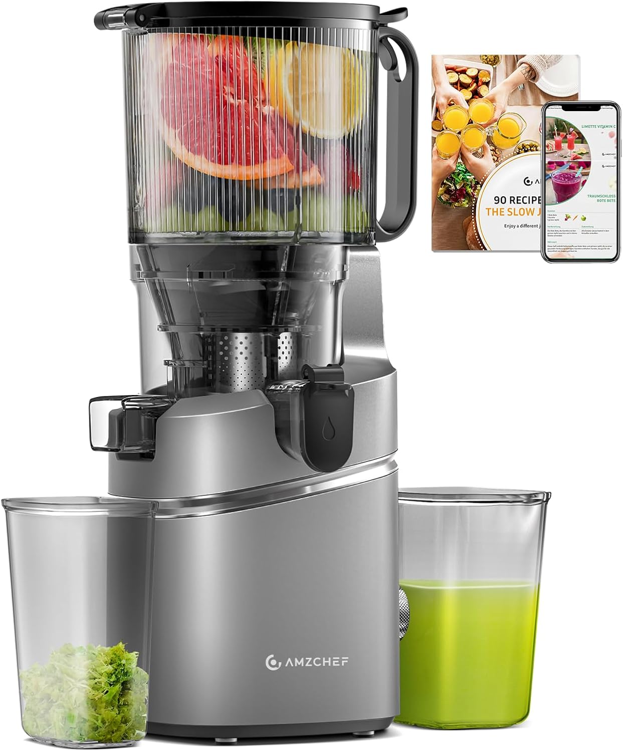 AMZCHEF Juicer Machines, 5.8″ Extra Self-Feeding Cold Press Juicer for Whole Vegetable & Fruit, Juice Extractor Machine with Large Auger & Triple Strainers, Easy to Clean, High Juice Yield, Grey AMZCHEF Juicer Machines, 5.8″ Extra Self-Feeding Cold Press Juicer for Whole Vegetable & Fruit, Juice Extractor Machine with Large Auger & Triple Strainers, Easy to Clean, High Juice Yield, Grey