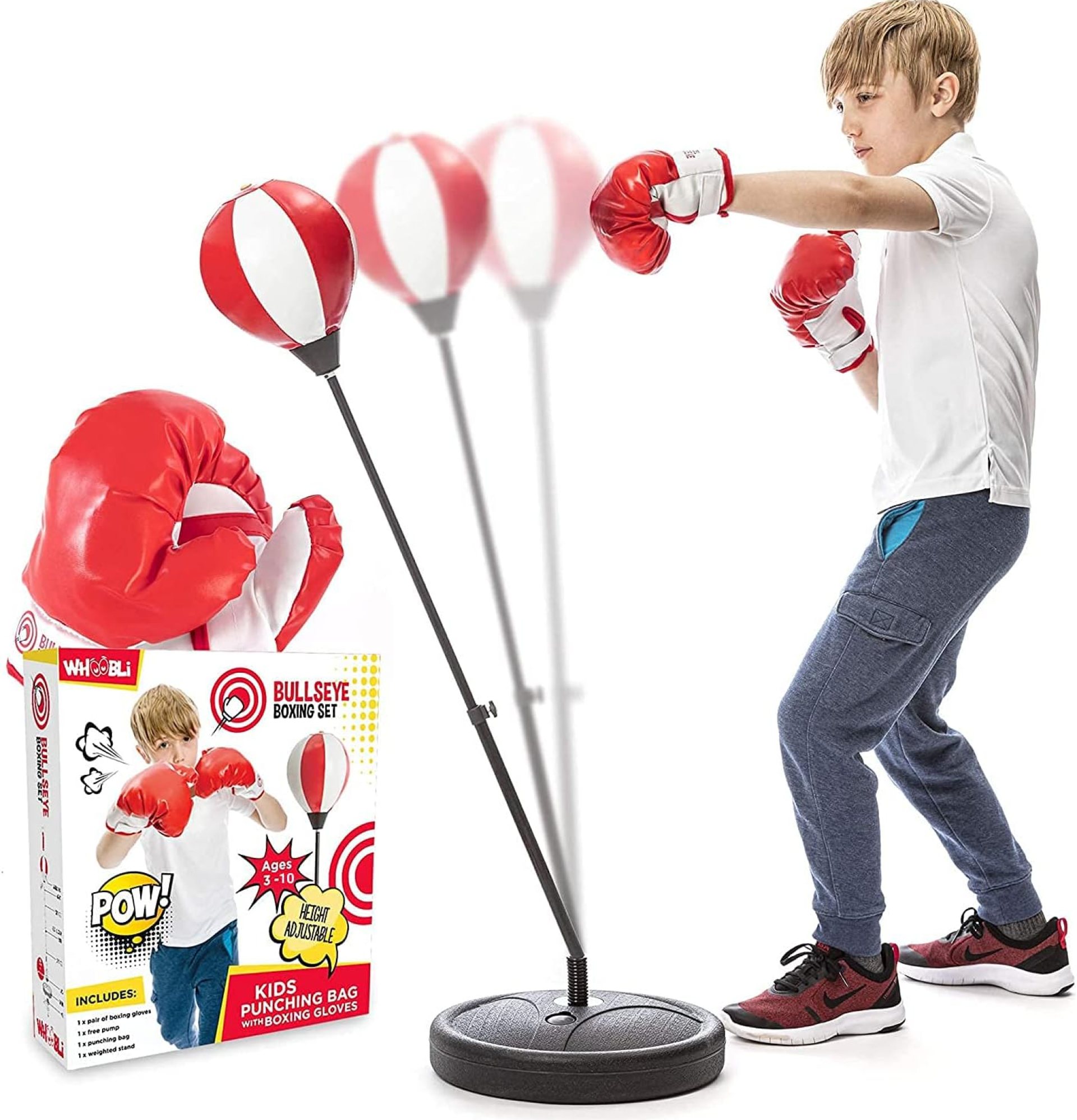 Whoobli Punching Bag for Kids Incl Boxing Gloves | 3-10 Years Old Adjustable Kids Punching Bag with Stand | Boxing Bag Set Toy for Boys & Girls (Red White); New 2025 Whoobli Punching Bag for Kids Incl Boxing Gloves | 3-10 Years Old Adjustable Kids Punching Bag with Stand | Boxing Bag Set Toy for Boys & Girls (Red White); New 2025