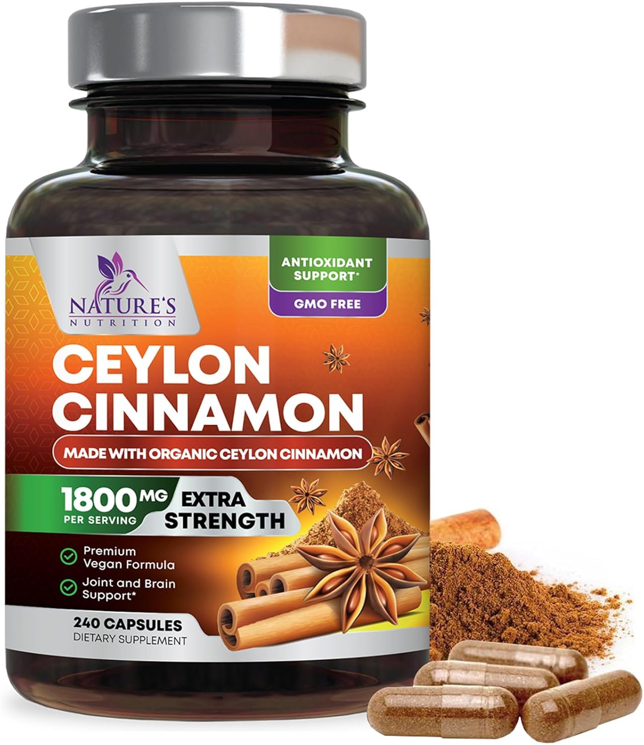 Organic Ceylon Cinnamon Supplement 1800mg – Certified Organic Ceylon Cinnamon Powder Pills – Energy & Heart Support for Women & Men, Bottled in USA, Antioxidant, Gluten Free, Non-GMO – 240 Capsules Organic Ceylon Cinnamon Supplement 1800mg – Certified Organic Ceylon Cinnamon Powder Pills – Energy & Heart Support for Women & Men, Bottled in USA, Antioxidant, Gluten Free, Non-GMO – 240 Capsules