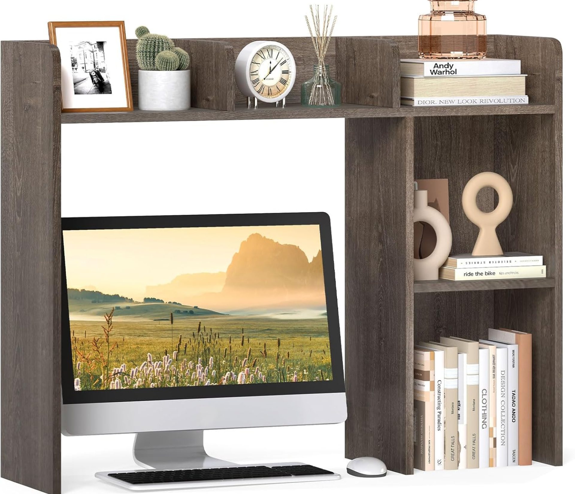 Giantex Desktop Bookshelf, Wood Desk Hutch Organizer for 27 Inch Computer Monitor, Countertop Storage Display Rack with 5 Shelves, Multipurpose Desktop Shelf Bookcase for Dorm Office Home (Grey Oak) Giantex Desktop Bookshelf, Wood Desk Hutch Organizer for 27 Inch Computer Monitor, Countertop Storage Display Rack with 5 Shelves, Multipurpose Desktop Shelf Bookcase for Dorm Office Home (Grey Oak)