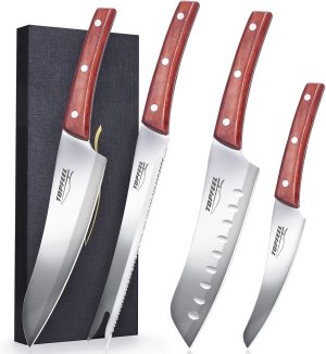 Chef Knife Sets 4 PCS, Ultra Sharp Kitchen Knife Sets, High Carbon Stainless Steel Japanese Knife Sets for Cooking With Wood Ergonomic Handle & GIFT BOX