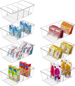 Pantry Organizers and Storage,Kitchen Organizers and Storage for Fridge,Drawer and Refrigerator – Spice Organization for Cabinet,Clear Plastic Stackable Organizer Bins with 3 Dividers (7 Pcs)