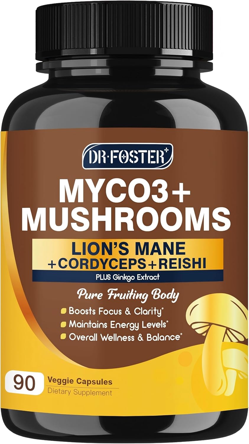 DRFOSTER Lions Mane Supplement Capsules – MYCO3+ Mushrooms with Cordyceps, Reishi & Ginkgo Biloba for Brain & Energy – 90 Caps DRFOSTER Lions Mane Supplement Capsules – MYCO3+ Mushrooms with Cordyceps, Reishi & Ginkgo Biloba for Brain & Energy – 90 Caps