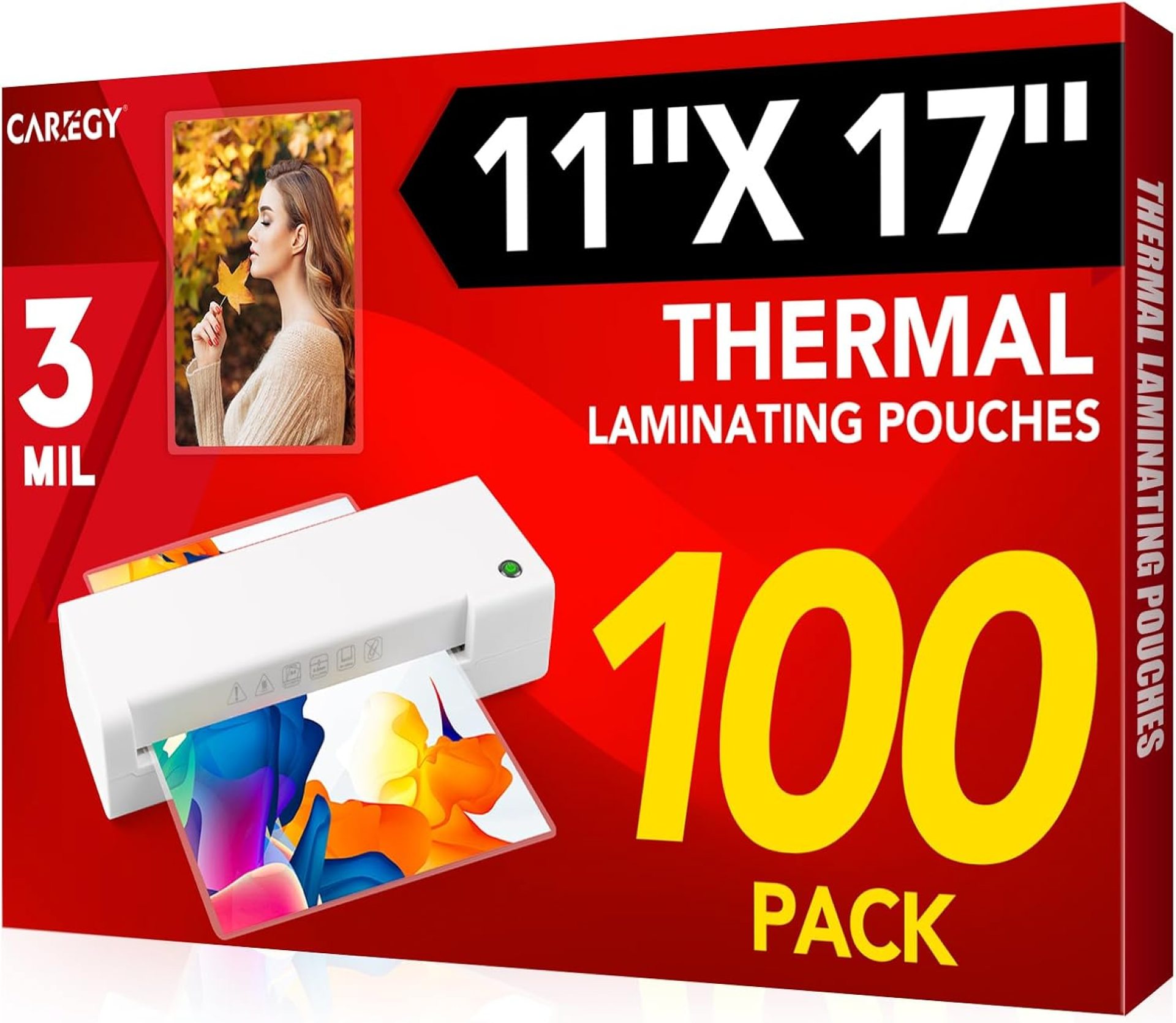 CAREGY 100 Pack Laminating Sheets, Hold 11 x 17 Inch Sheet, 3 Mil Clear Thermal Laminating Pouches 11.5 x 17.5 Inch Lamination Sheet Paper for Laminator, Round Corne CAREGY 100 Pack Laminating Sheets, Hold 11 x 17 Inch Sheet, 3 Mil Clear Thermal Laminating Pouches 11.5 x 17.5 Inch Lamination Sheet Paper for Laminator, Round Corne