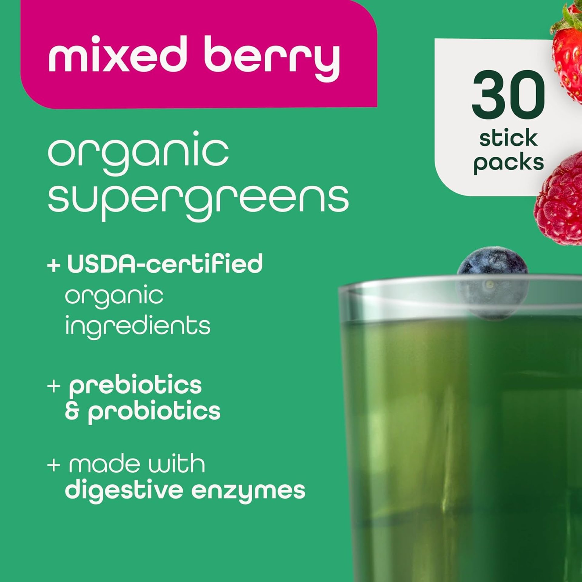 Zena Nutrition Organic Super Greens Powder, 70+ Superfoods, 0 Sugar, 3G Fiber, Spirulina, Chlorella, Antioxidants, Prebiotics/Probiotics, Digestive Enzymes, Mixed Berry, 30 Drink Mix Packets Zena Nutrition Organic Super Greens Powder, 70+ Superfoods, 0 Sugar, 3G Fiber, Spirulina, Chlorella, Antioxidants, Prebiotics/Probiotics, Digestive Enzymes, Mixed Berry, 30 Drink Mix Packets