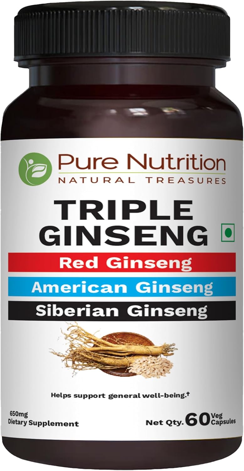 Pure Nutrition Triple Ginseng – an Unique and Effective Combination of Red Ginseng, American Ginseng and Siberian Ginseng. 790mg per Capsule | 60 Veg Caps Pack Pure Nutrition Triple Ginseng – an Unique and Effective Combination of Red Ginseng, American Ginseng and Siberian Ginseng. 790mg per Capsule | 60 Veg Caps Pack