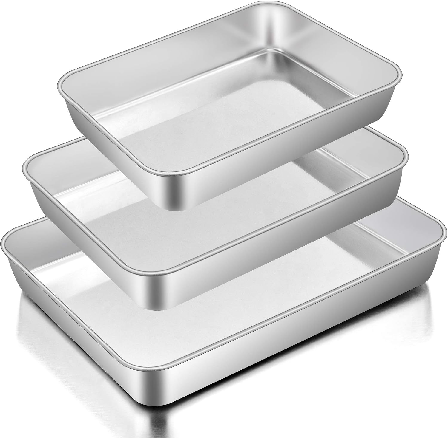 E-far Baking Pans Set of 3, Stainless Steel Sheet Cake Pan for Oven – 12.5/10.5/9.4Inch, Rectangle Bakeware Set for Cake Lasagna Brownie Casserole Cookie, Non-toxic & Healthy, Dishwasher Safe E-far Baking Pans Set of 3, Stainless Steel Sheet Cake Pan for Oven – 12.5/10.5/9.4Inch, Rectangle Bakeware Set for Cake Lasagna Brownie Casserole Cookie, Non-toxic & Healthy, Dishwasher Safe