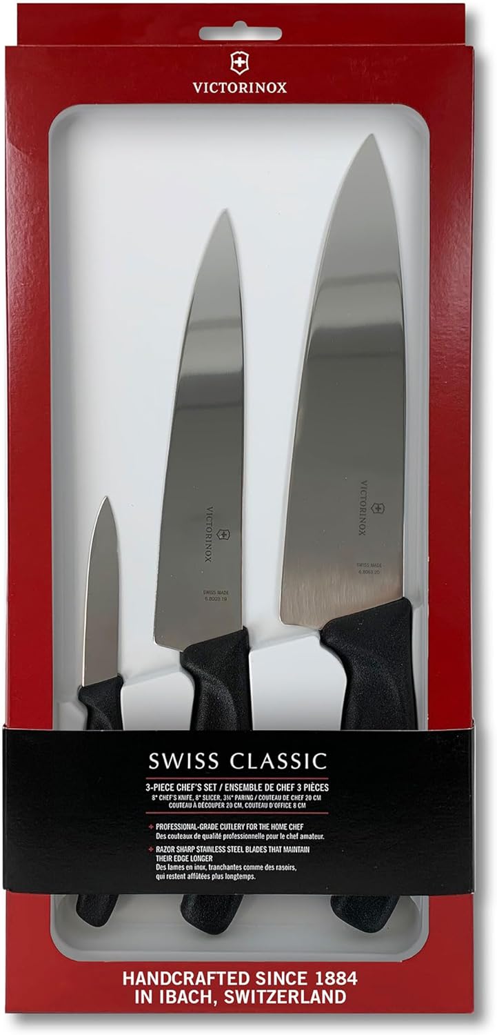 Victorinox Swiss Classic Chef’s Knife Set – Balanced Cooking Knives for Kitchen Accessories – Ergonomic Meat, Vegetable & Fruit Knives – Black Handle, Straight Edge, 3-Piece Set Victorinox Swiss Classic Chef’s Knife Set – Balanced Cooking Knives for Kitchen Accessories – Ergonomic Meat, Vegetable & Fruit Knives – Black Handle, Straight Edge, 3-Piece Set