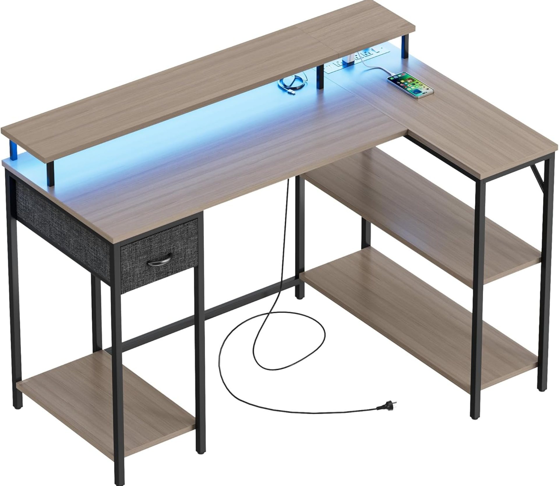 Homall L Shaped Gaming Desk with LED Lights & Power Outlets, Reversible Computer Desk with Shelves & Drawer, 47’’ Corner Desk Table with Monitor Stand, Home Office Study Writing Table (Grey) Homall L Shaped Gaming Desk with LED Lights & Power Outlets, Reversible Computer Desk with Shelves & Drawer, 47’’ Corner Desk Table with Monitor Stand, Home Office Study Writing Table (Grey)