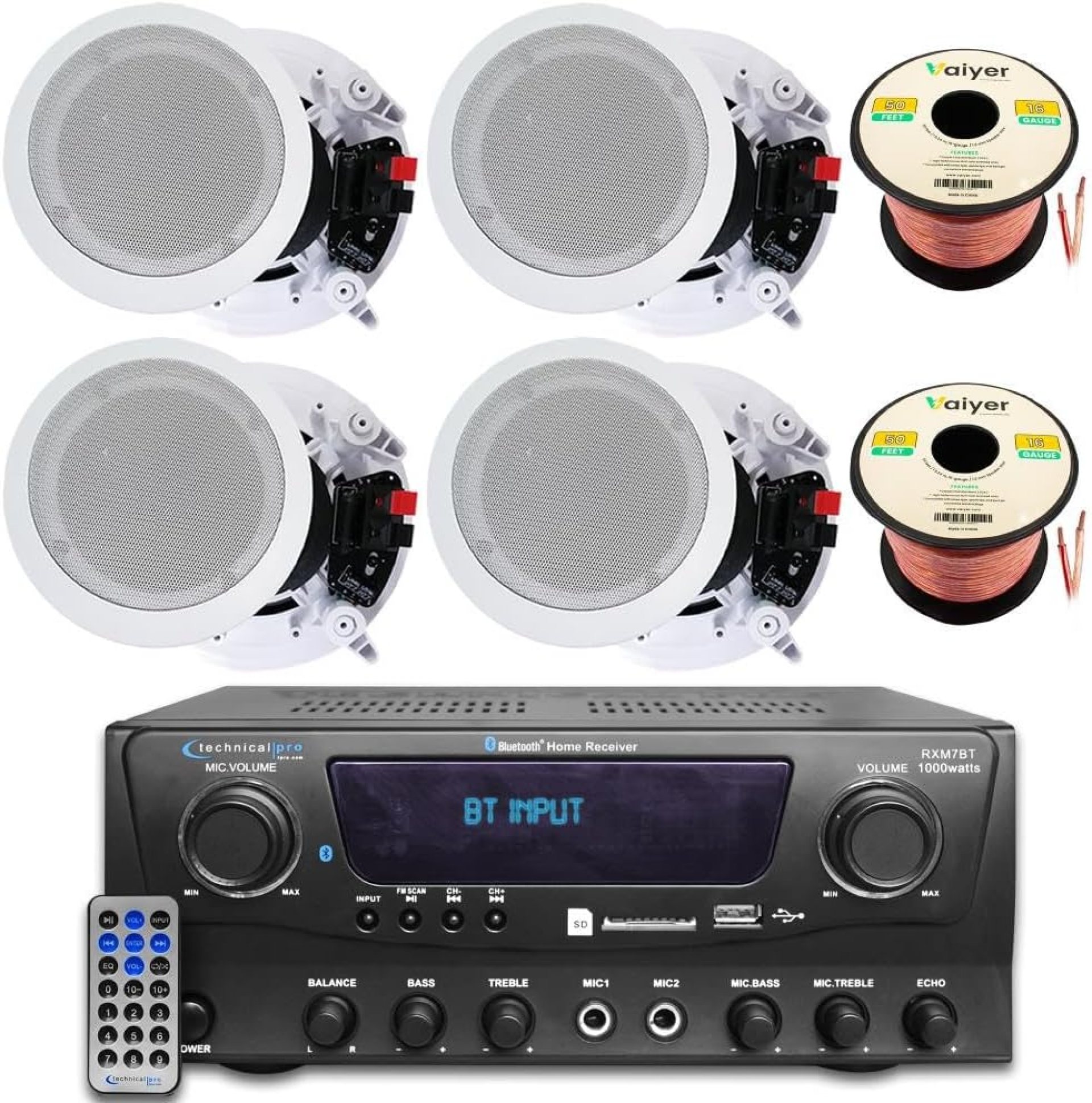 Home Theater Sound System Kit – 1000 Watts Bluetooth Amplifier w/ 4 QTY of 8″ Framed Ceiling Speakers 300 W Each, 100 ft Speaker Wire & Remote Perfect for Home, Office,Bar, Restaurant by Technical Pro Home Theater Sound System Kit – 1000 Watts Bluetooth Amplifier w/ 4 QTY of 8″ Framed Ceiling Speakers 300 W Each, 100 ft Speaker Wire & Remote Perfect for Home, Office,Bar, Restaurant by Technical Pro