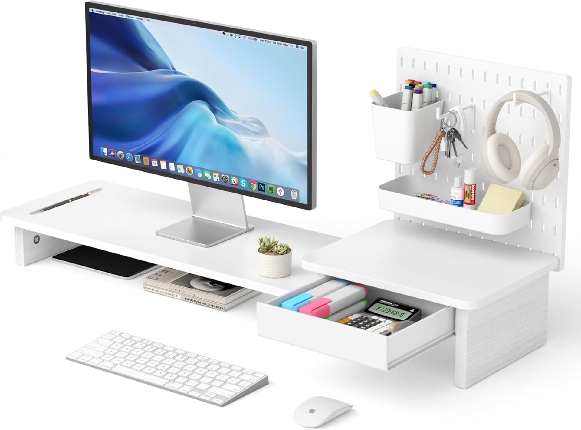 Pegboard Monitor Stand Riser,Computer Monitor Stand with 2 Hooks Cable Management Desk Organizer and Drawer for Laptop,PC,Computer,Printer,White Pegboard Monitor Stand Riser,Computer Monitor Stand with 2 Hooks Cable Management Desk Organizer and Drawer for Laptop,PC,Computer,Printer,White